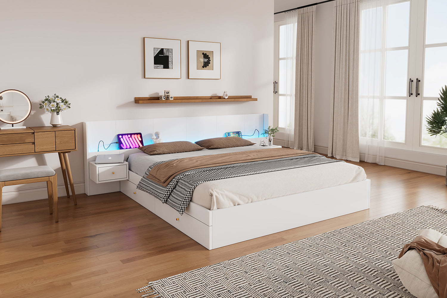 Double Bed 180x200cm LED USB App Control 2 Nightstands Storage - White Wood