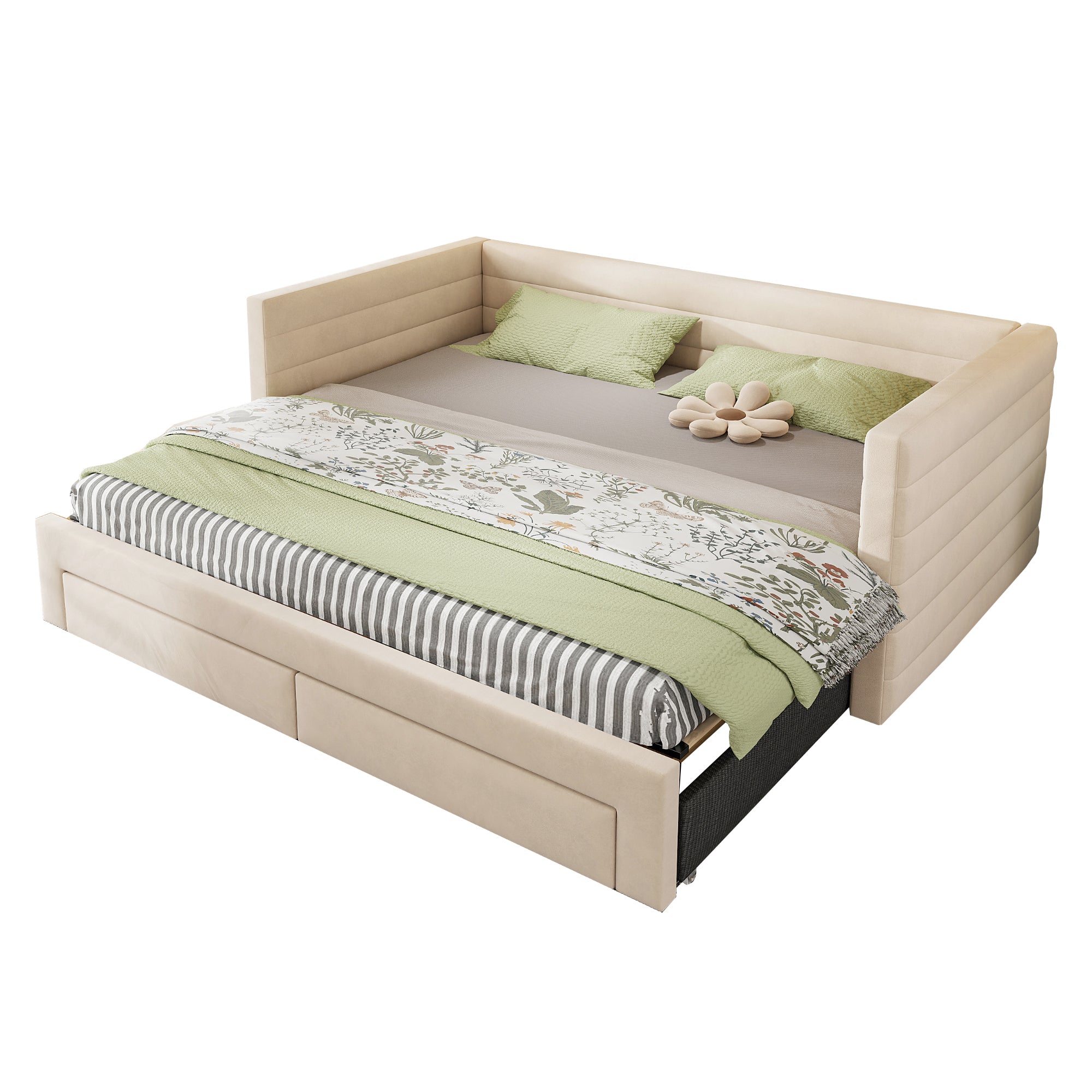 3-in-1 Upholstered Sofa Bed with Drawers and Slatted Base, Cotton and Linen, Beige