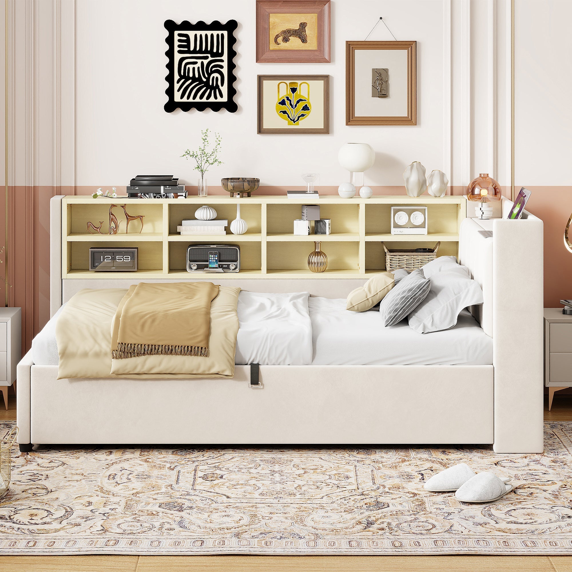 Upholstered Sofa Bed with Storage and USB Ports, Velvet Grey