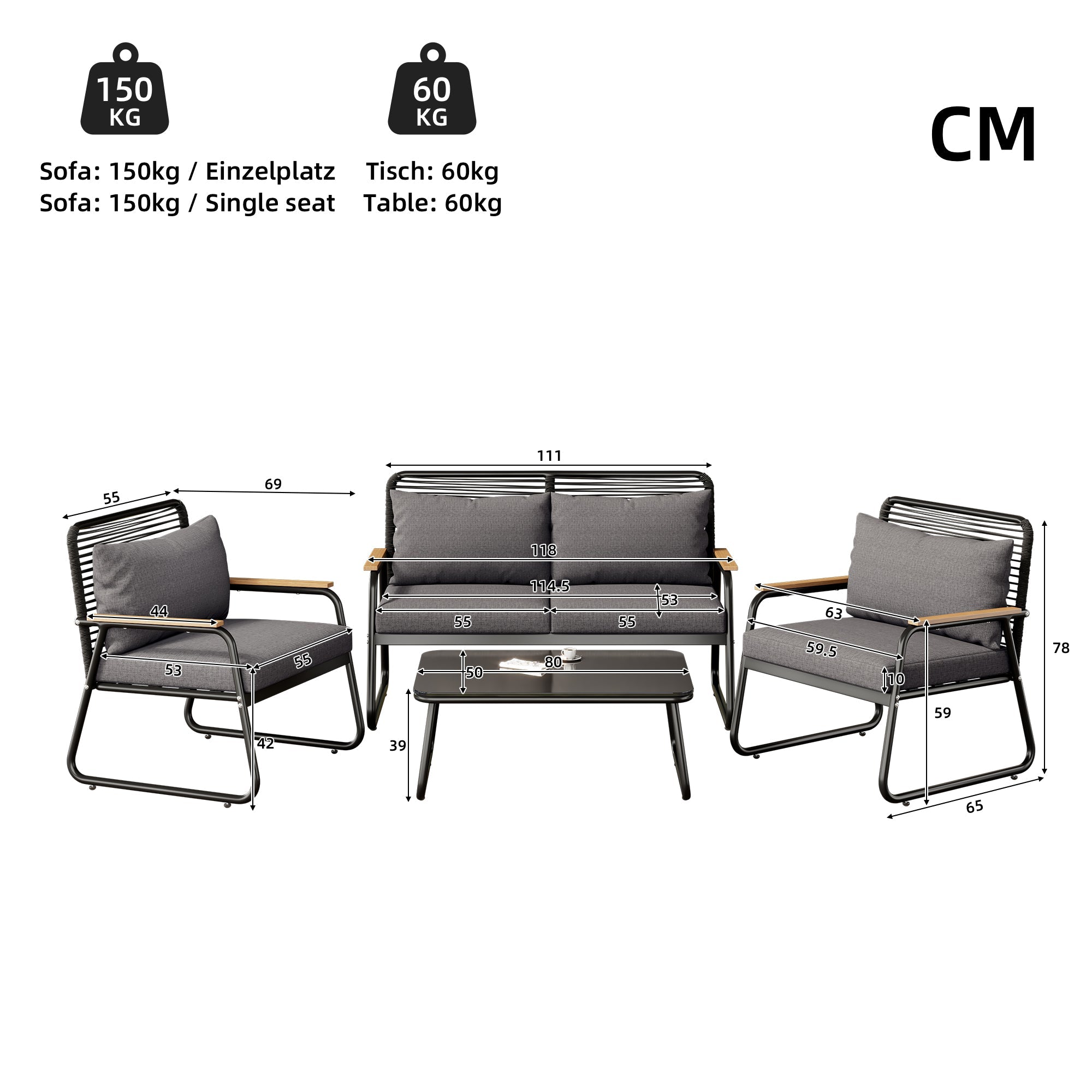 Garden Lounge Set Sofa & Table for 4 Galvanized Iron Tempered Glass - Black