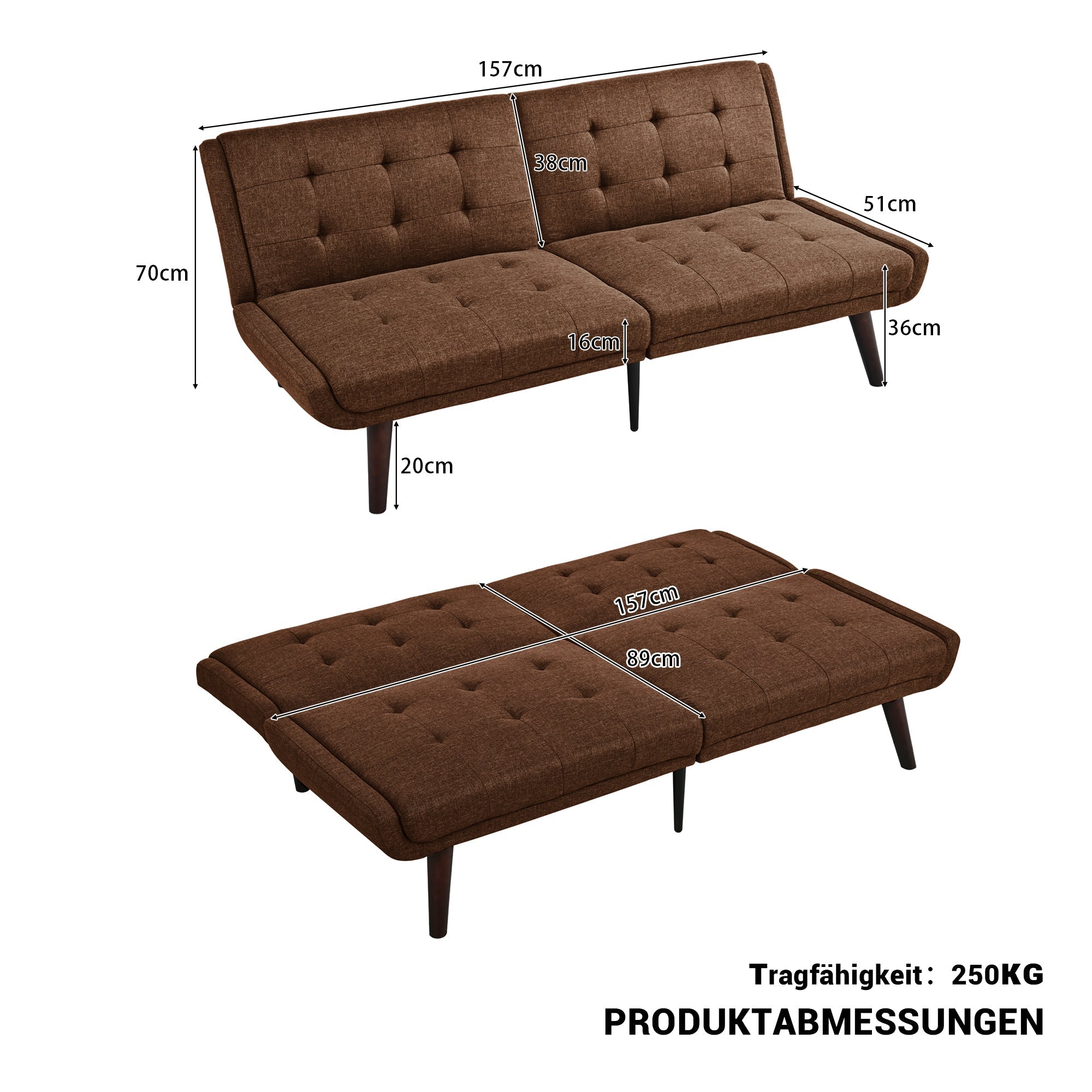 Foldable Futon Sofa Bed 146cm 5-Position Adjustable Backrest - Brown