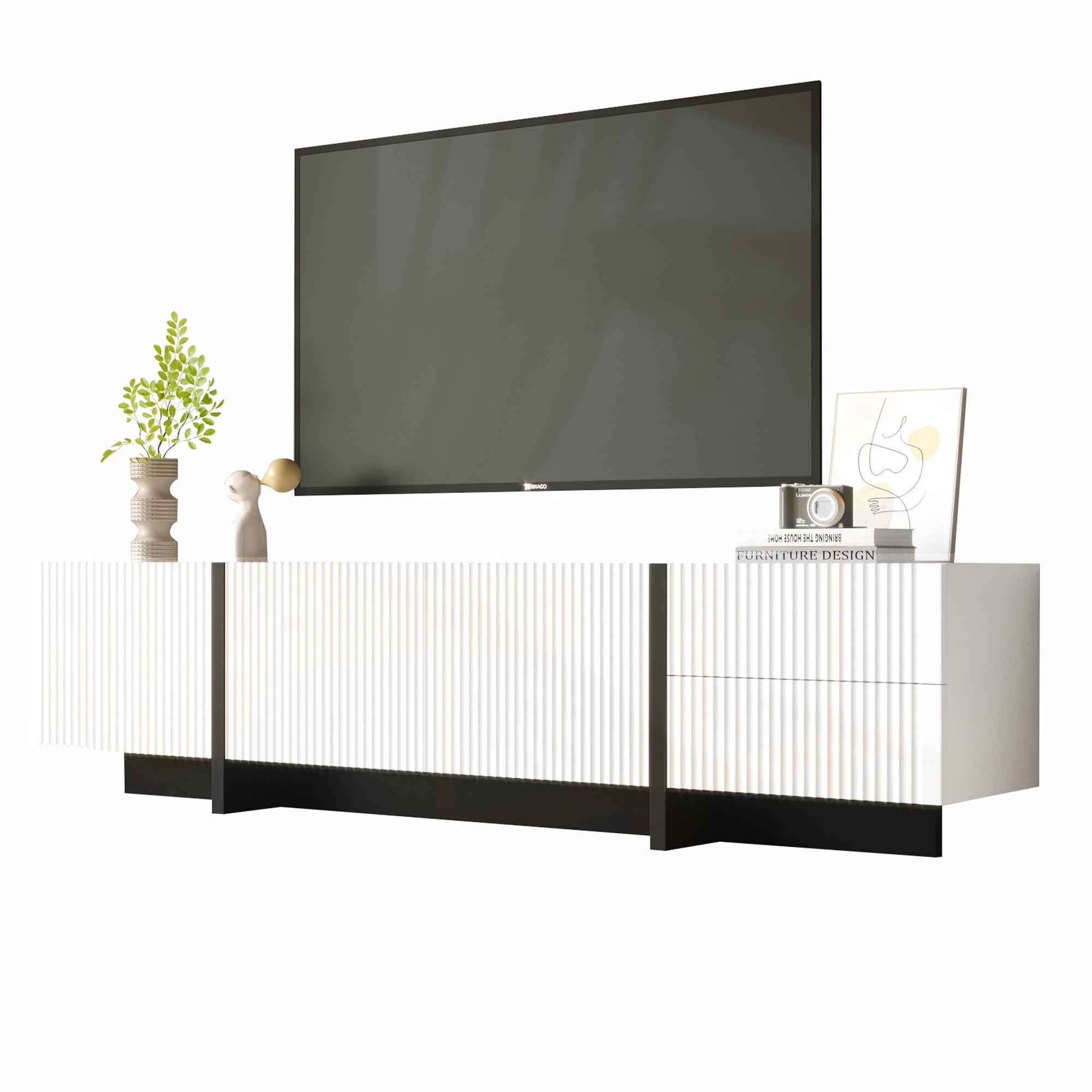 TV Cabinet, 190 cm with 3 Doors & 2 Drawers, White + Black