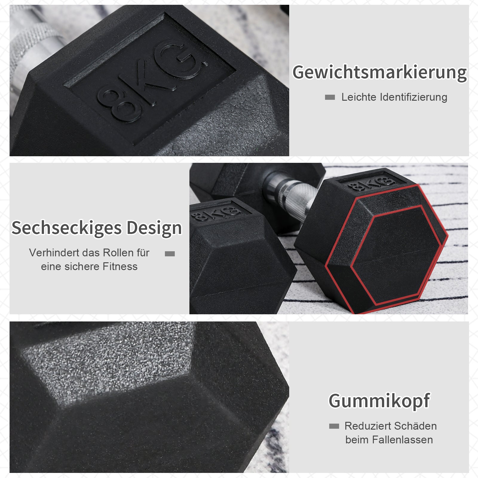 Hexagon Dumbbells Set, Cast Iron with Knurled Handles, Black Rubber