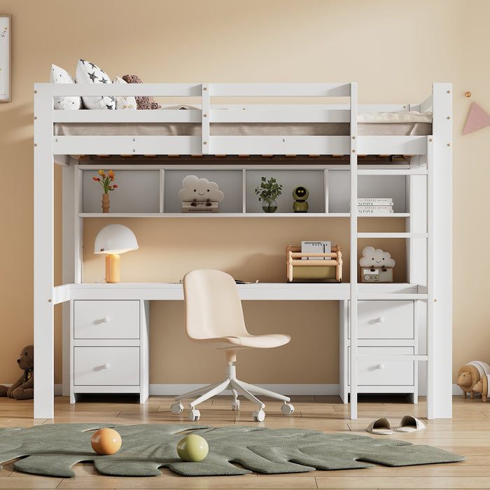 Loft Bed for Children with Desk and Storage, 90x200cm, White Pine Wood