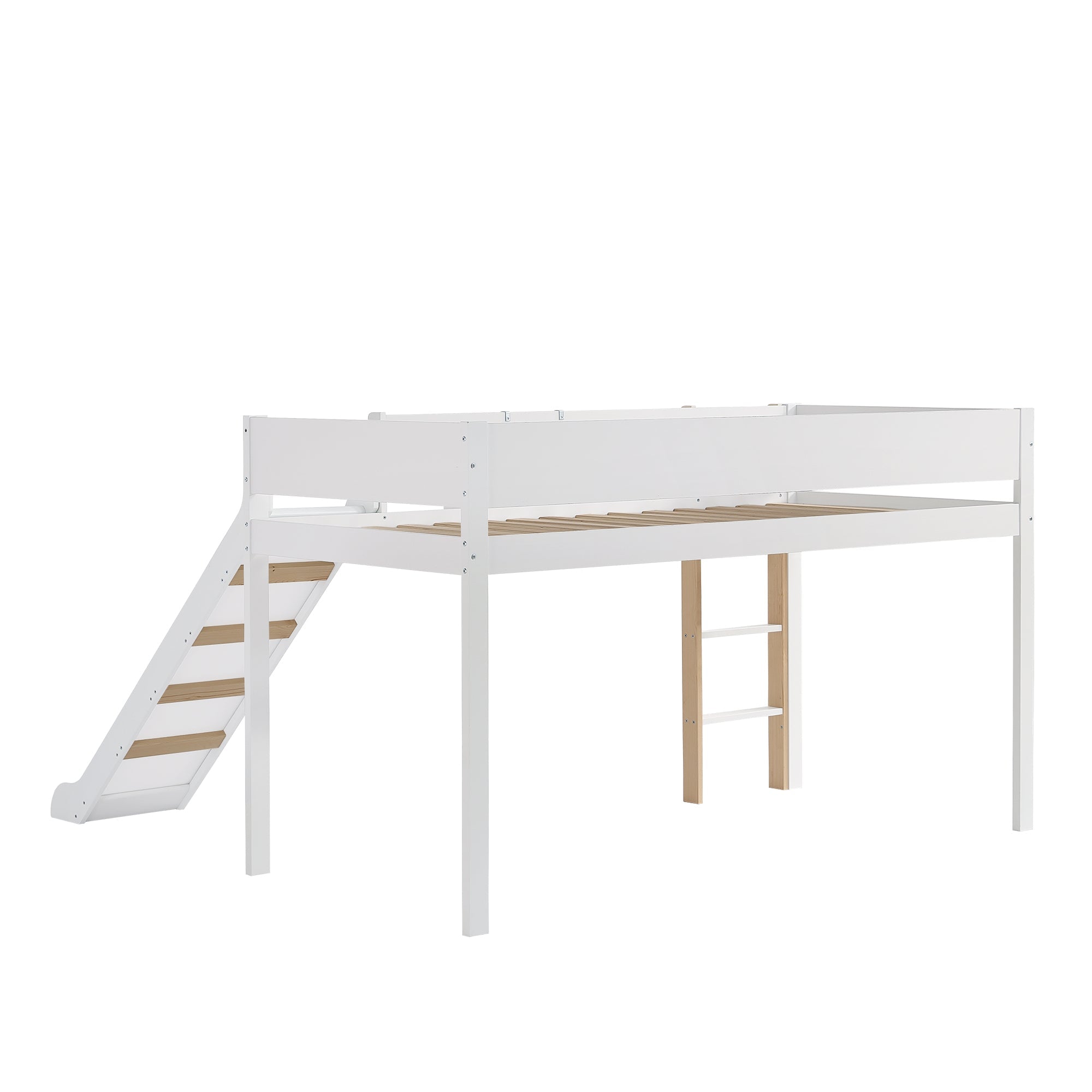 Loft Bed, Bunk with Slide & Removable Shelf, Pine+MDF White+Natural