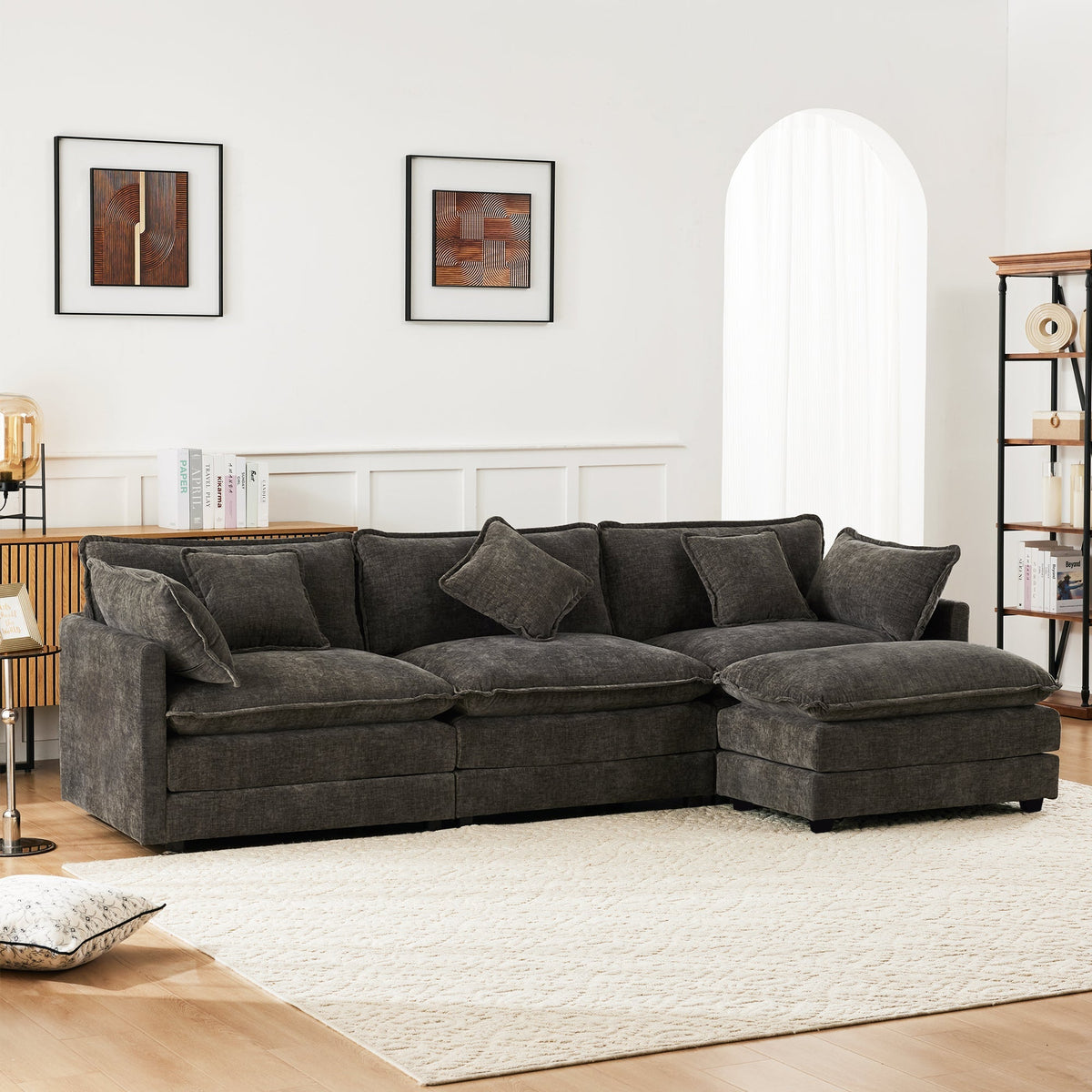 L-Shaped Corner Sofa with Footrest, 3-Seater Upholstered, Chenille Fabric