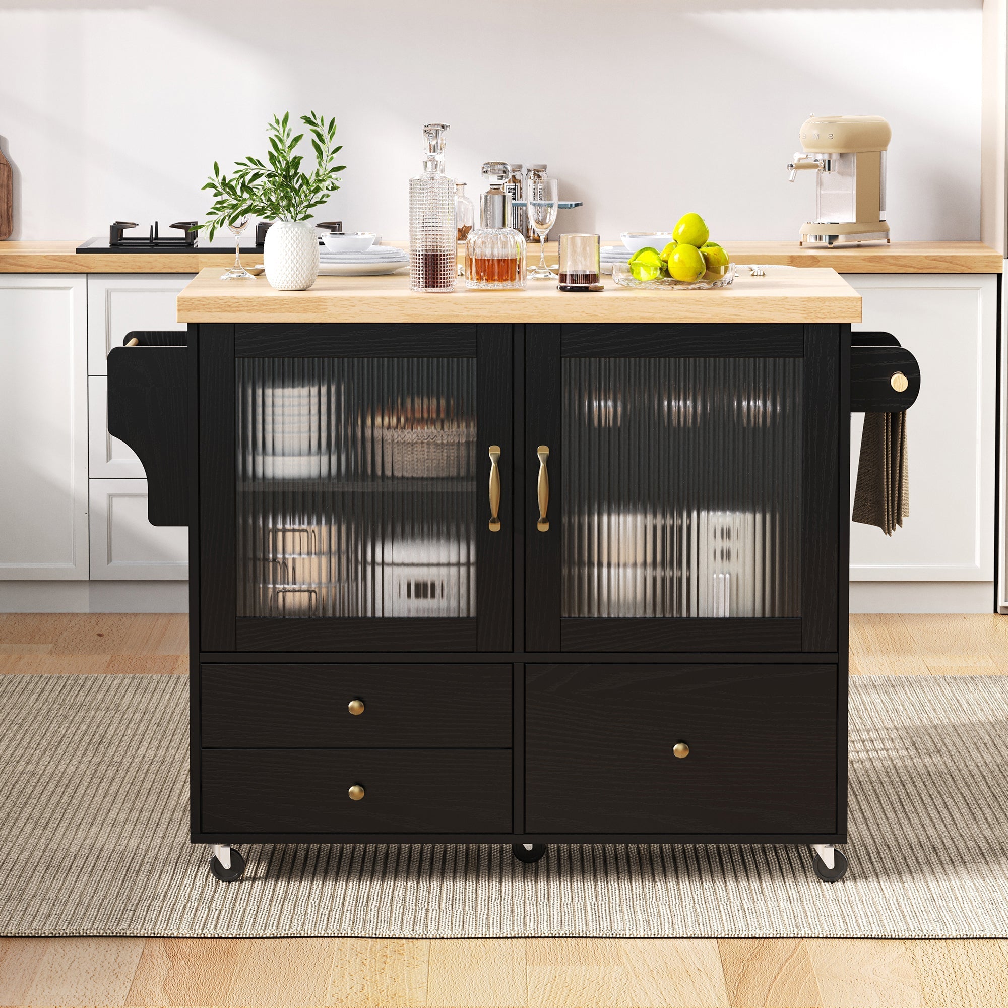 Mobile Kitchen Island Extendable Table Storage Wine Rack - Black
