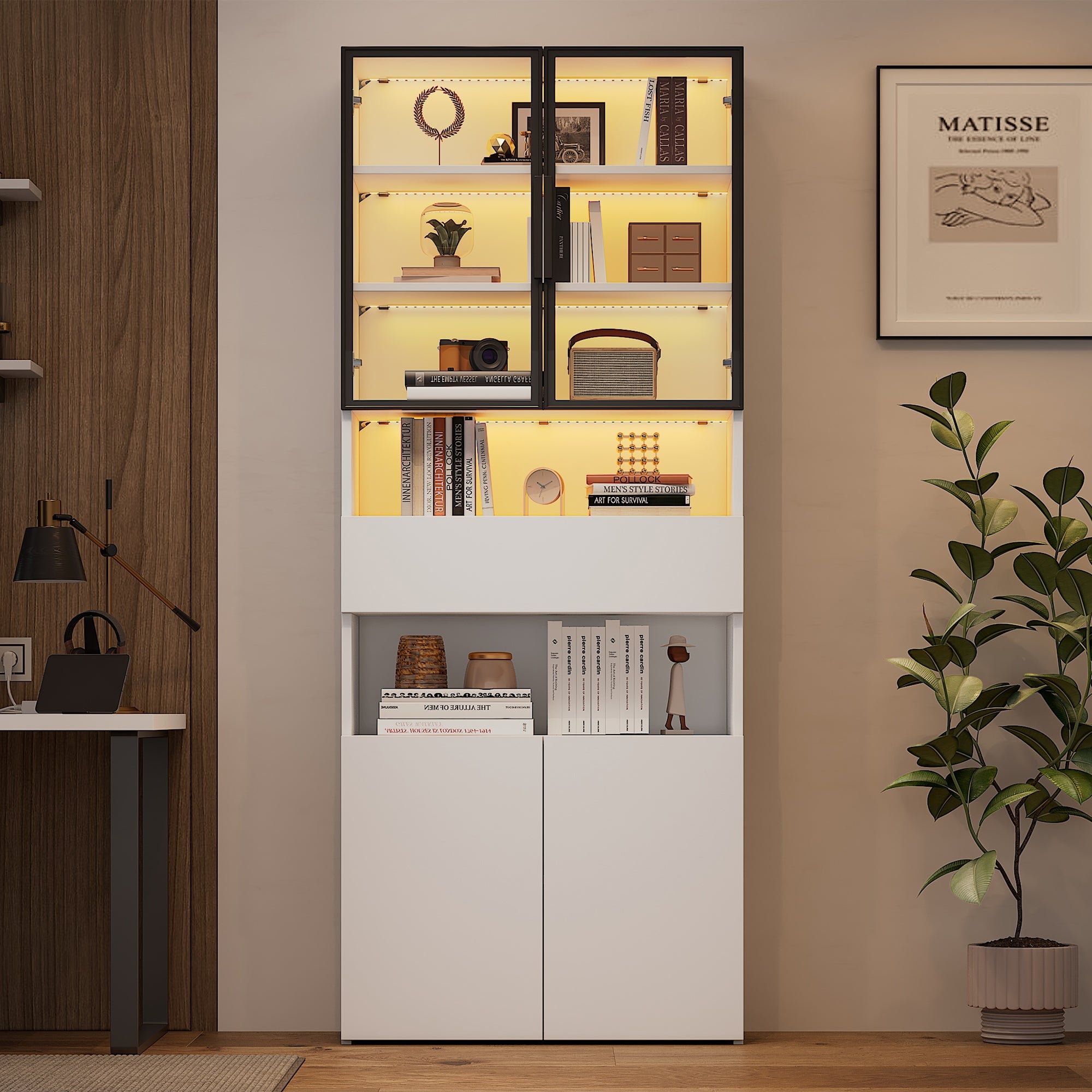 Display Cabinet with Drawers, Glass Doors & LED Lighting, 70x30x200cm, White