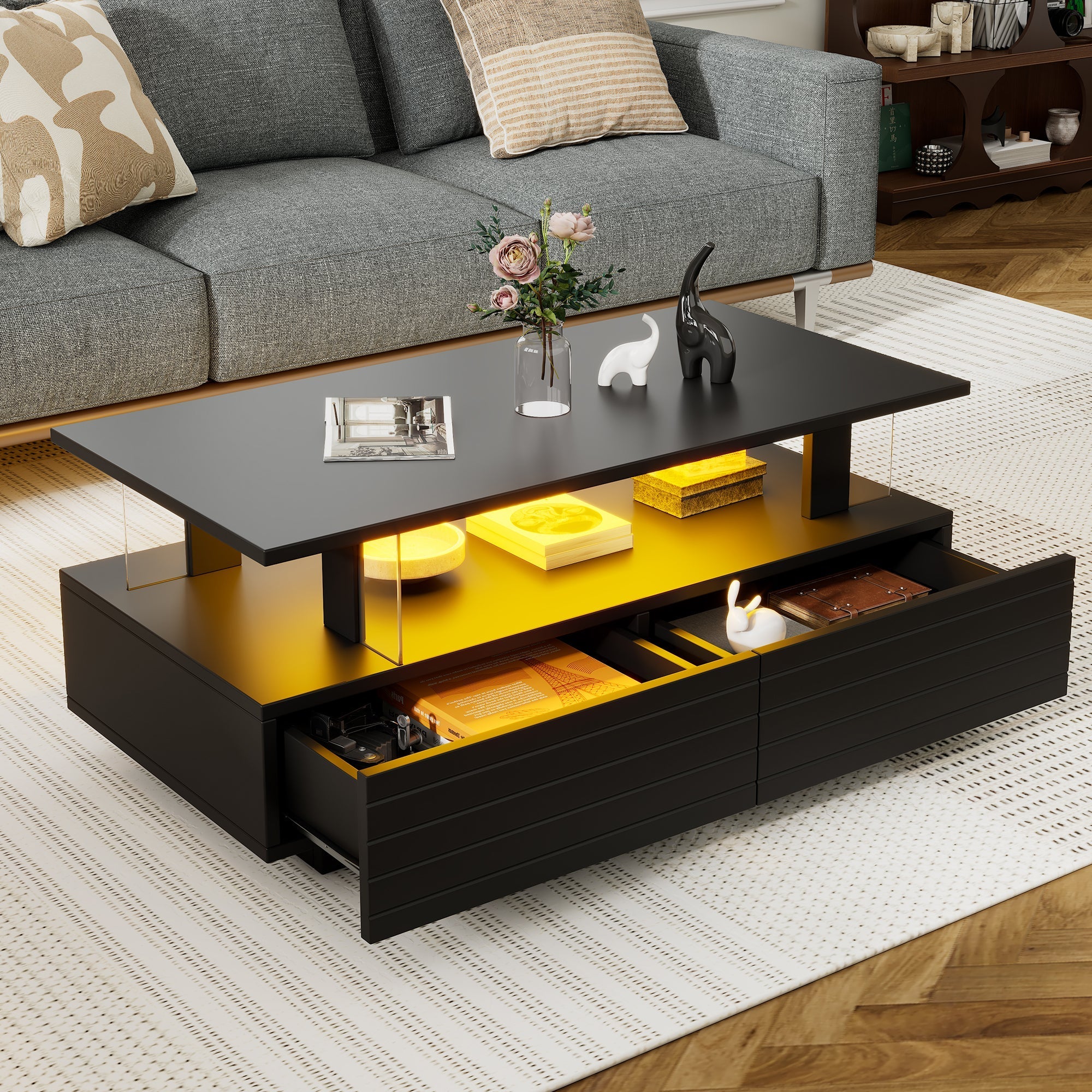 LED Coffee Table Double-Layer Rectangular Storage Bluetooth App Control, Black Acrylic