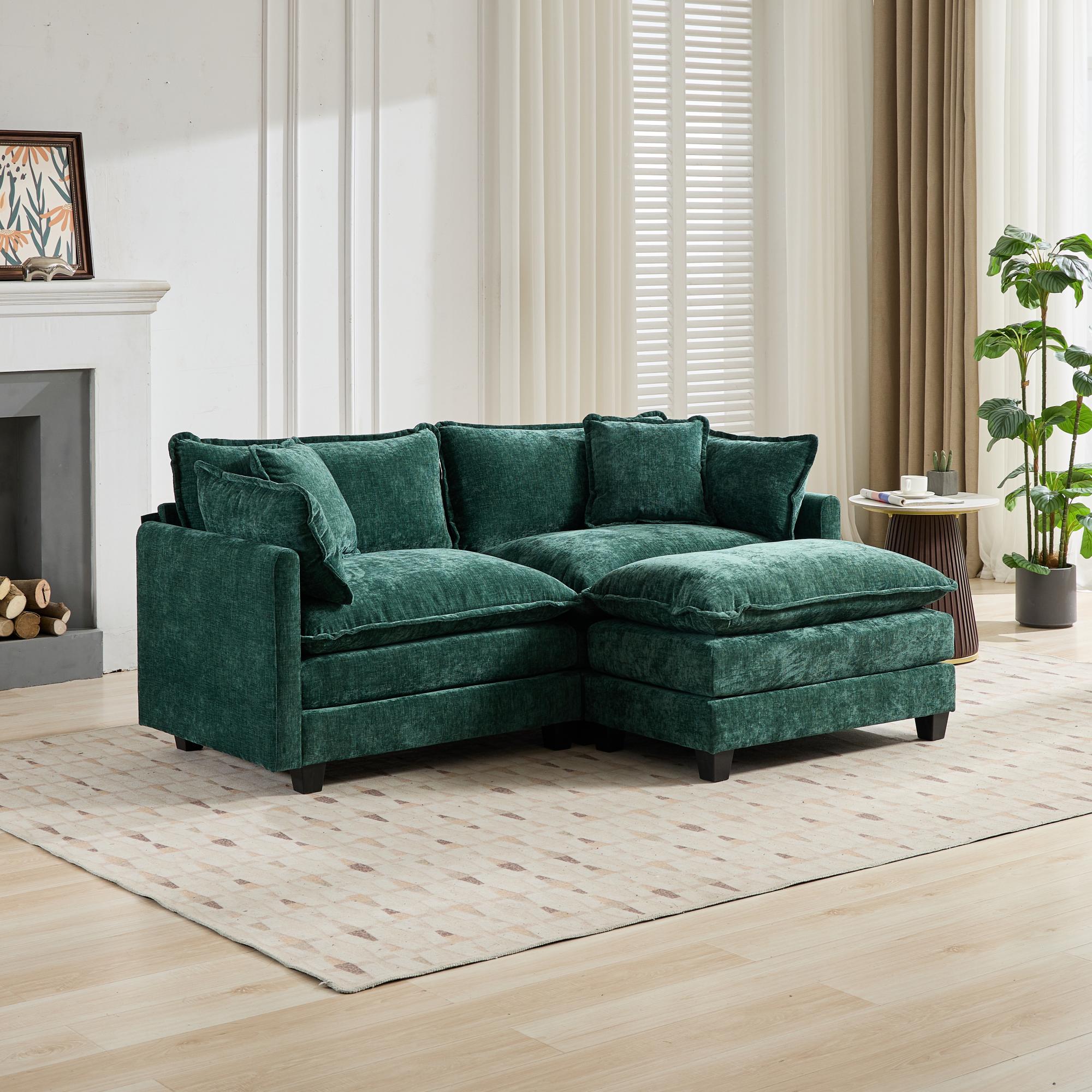 Cloud Sofa Loveseat, Modern Sectional Couch with Double Layer Upholstered Cushion, Green Chenille Fabric
