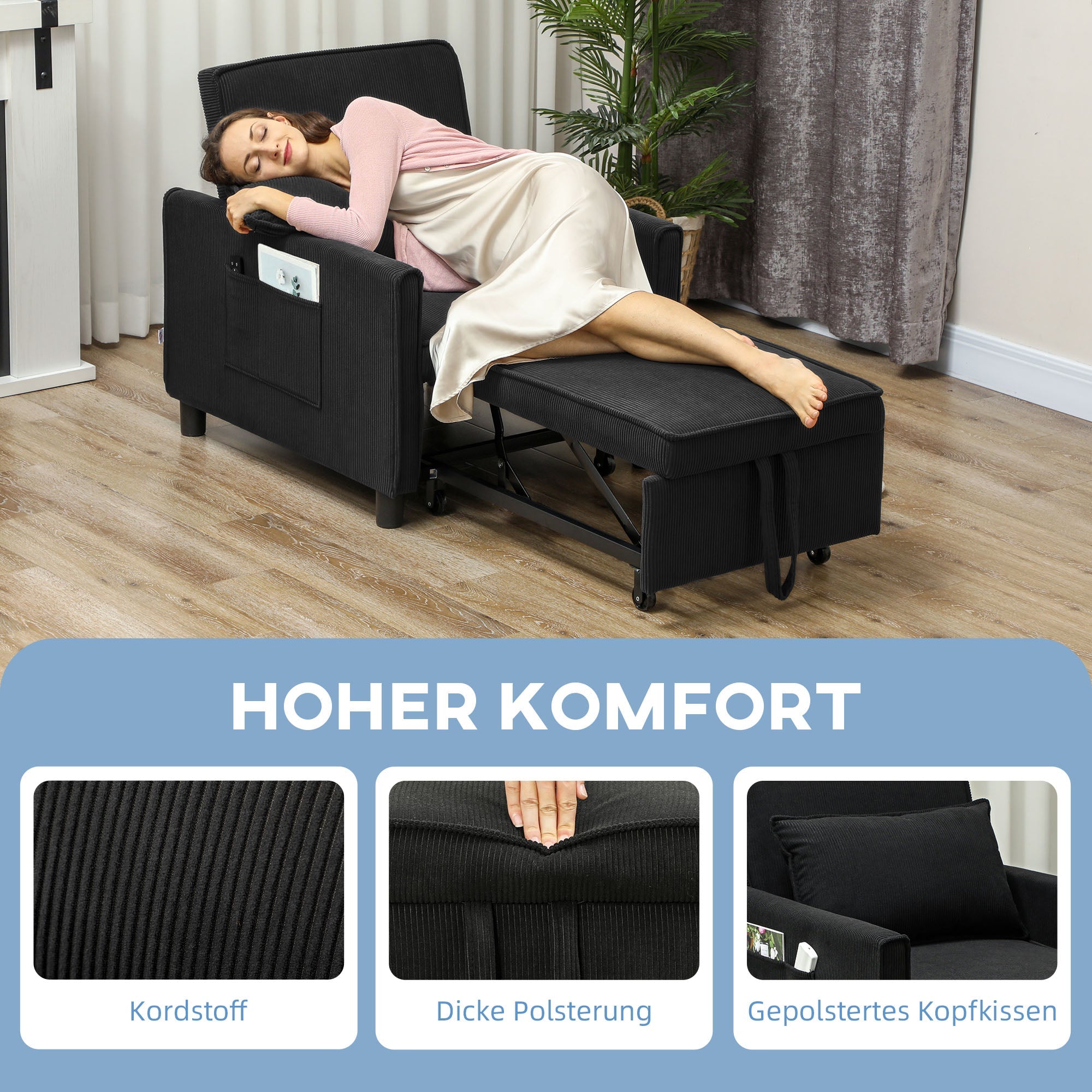 3-in-1 Sleeper Chair Folding Bed Recliner Adjustable Support Corduroy Black
