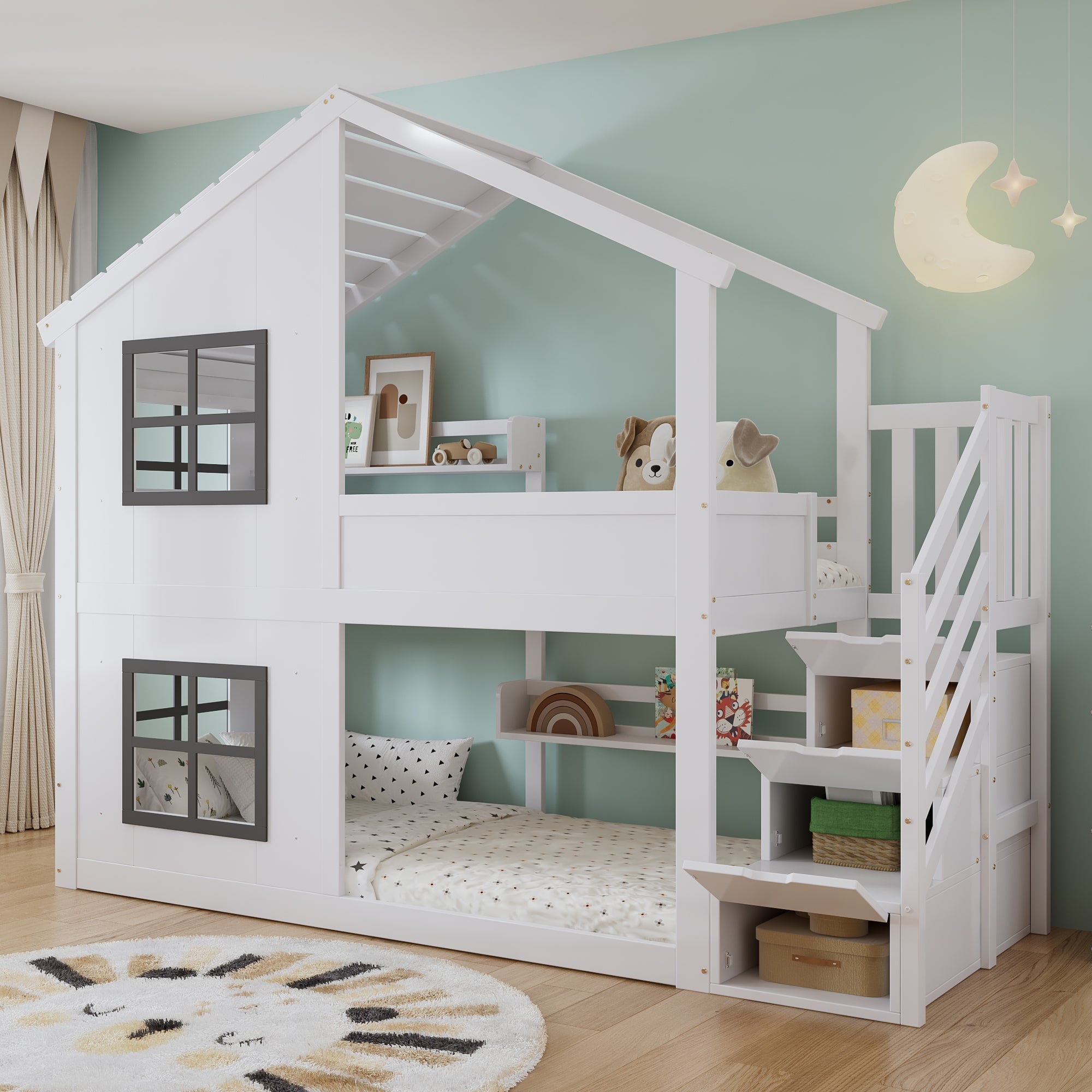 Children's Bunk Bed with Windows, Roof and Storage Cabinet, White and Grey
