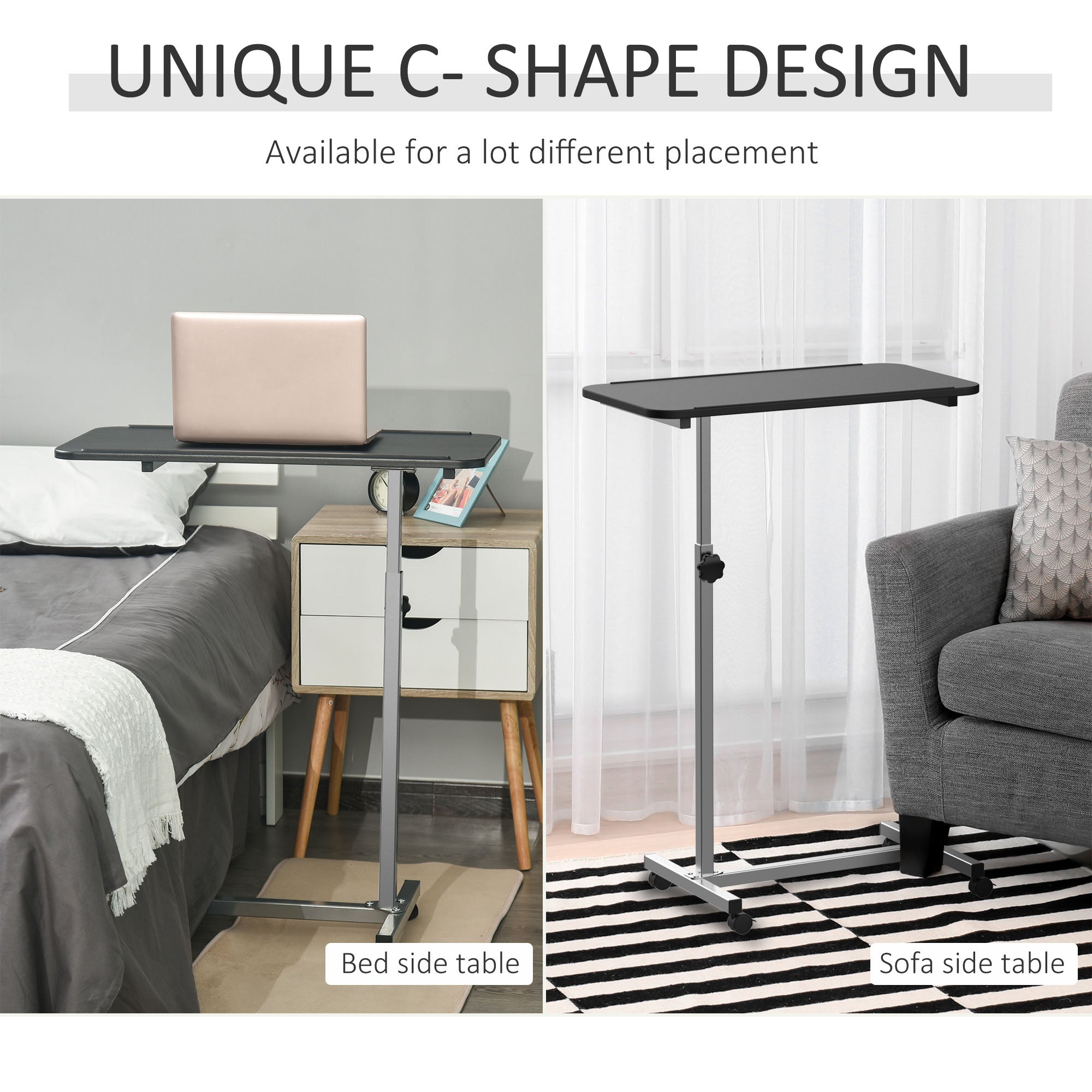 Over Bed Table Height Adjustable C Shaped Laptop Desk Portable with Wheels, Black