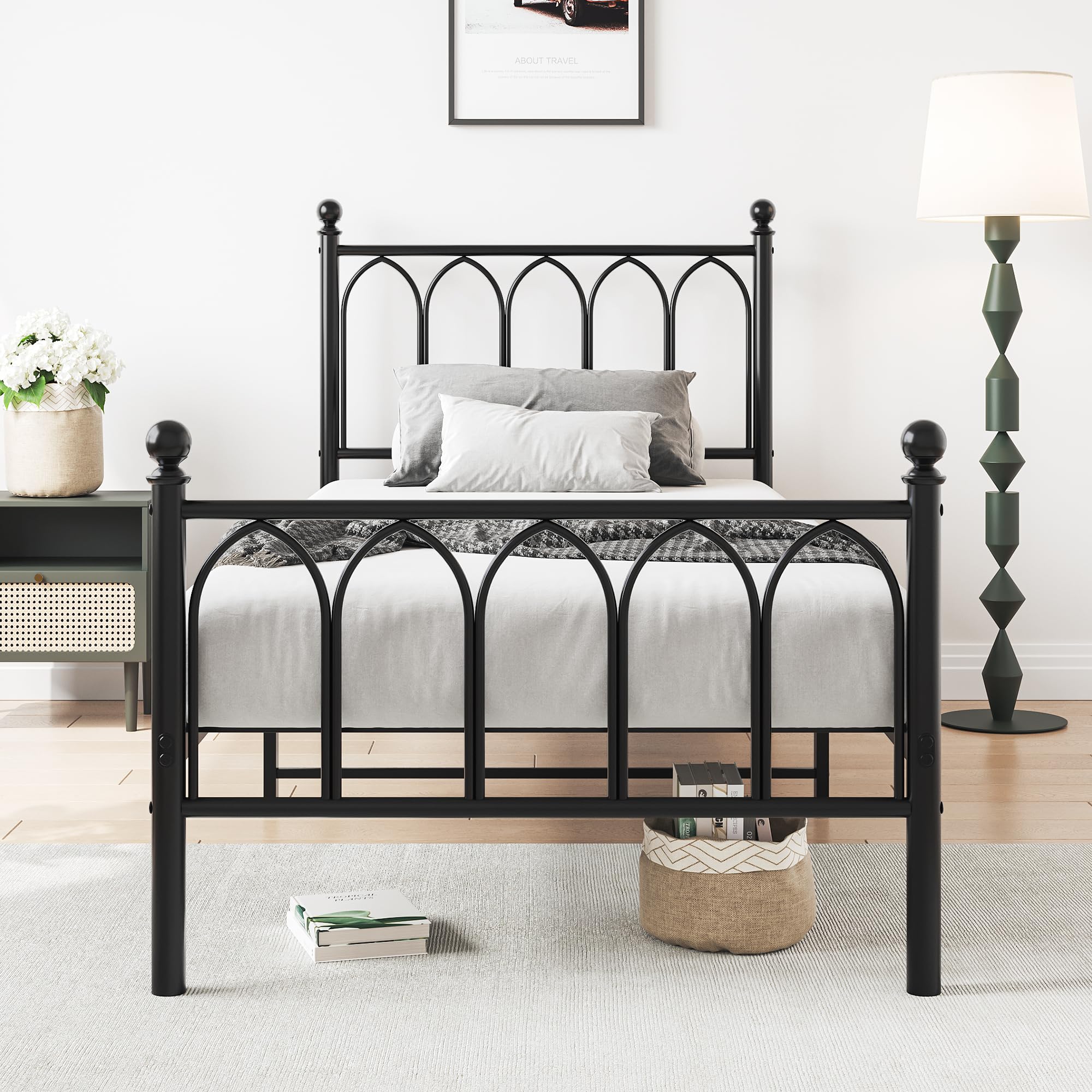 Metal Bed Frame 90x200cm Vintage Headboard Footboard Under-bed Storage - Black