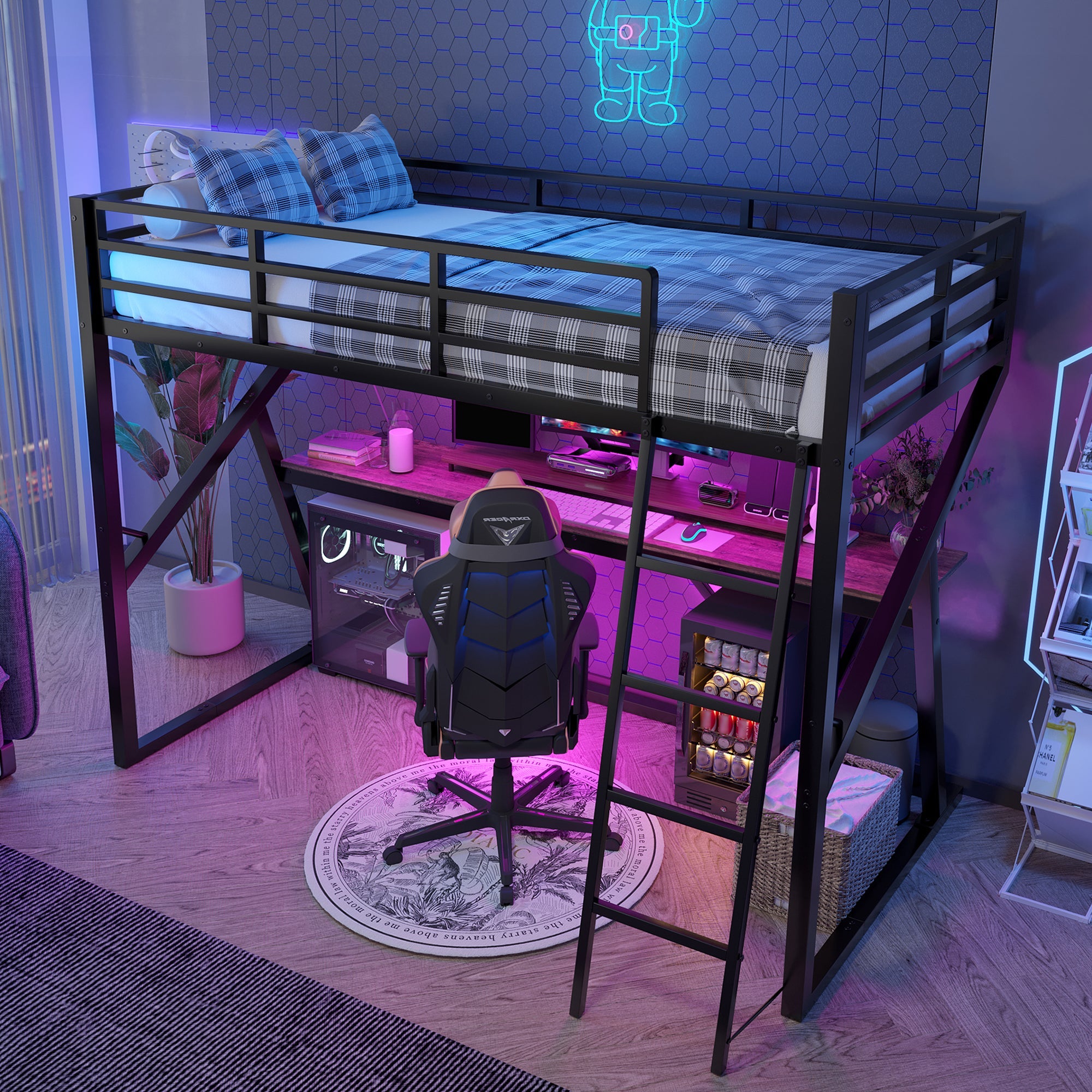 Loft Bed 90x200cm LED Strip Desk Iron Frame Black