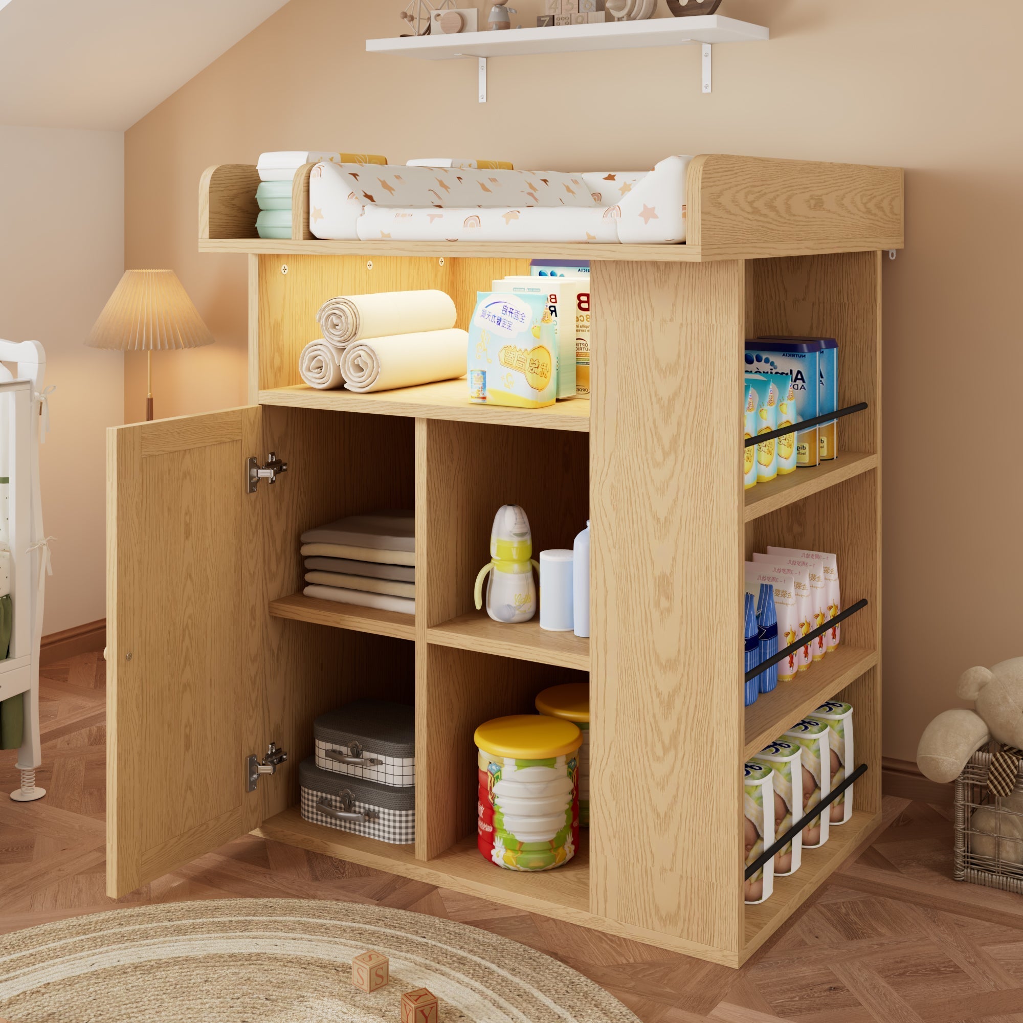 Wooden Changing Table with LED Lighting, Storage and Divider, Natural Wood