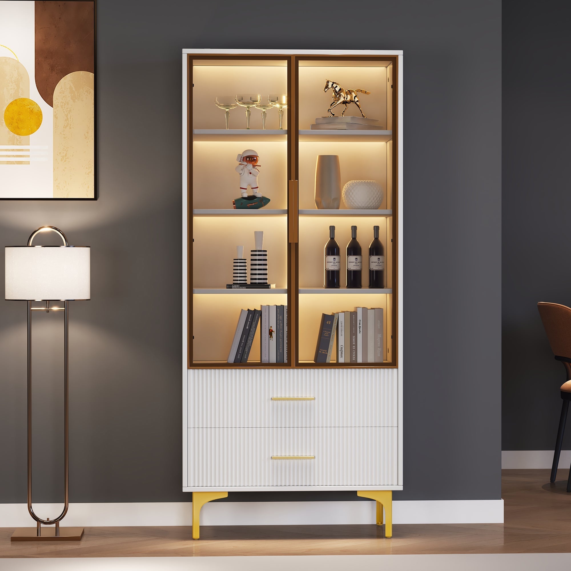 Glass Display Cabinet, 2-Door LED Lighted Tall Storage with Movable Shelves, Golden Legs