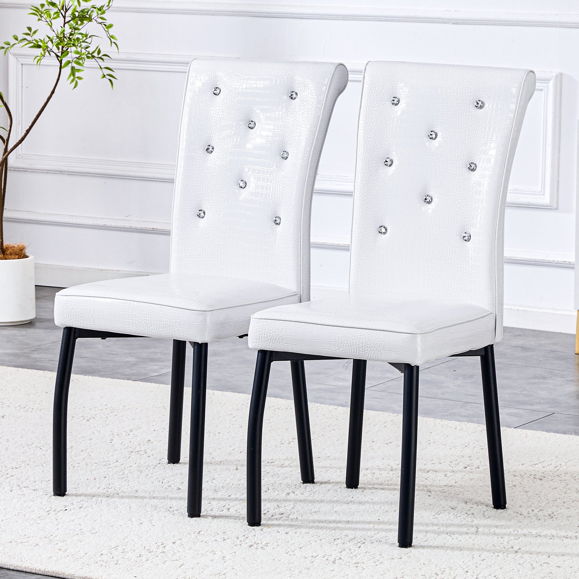 Set of 2 Dining Seats Soft Retro Crocodile Pattern Crystal Clasps White and Black Faux Leather