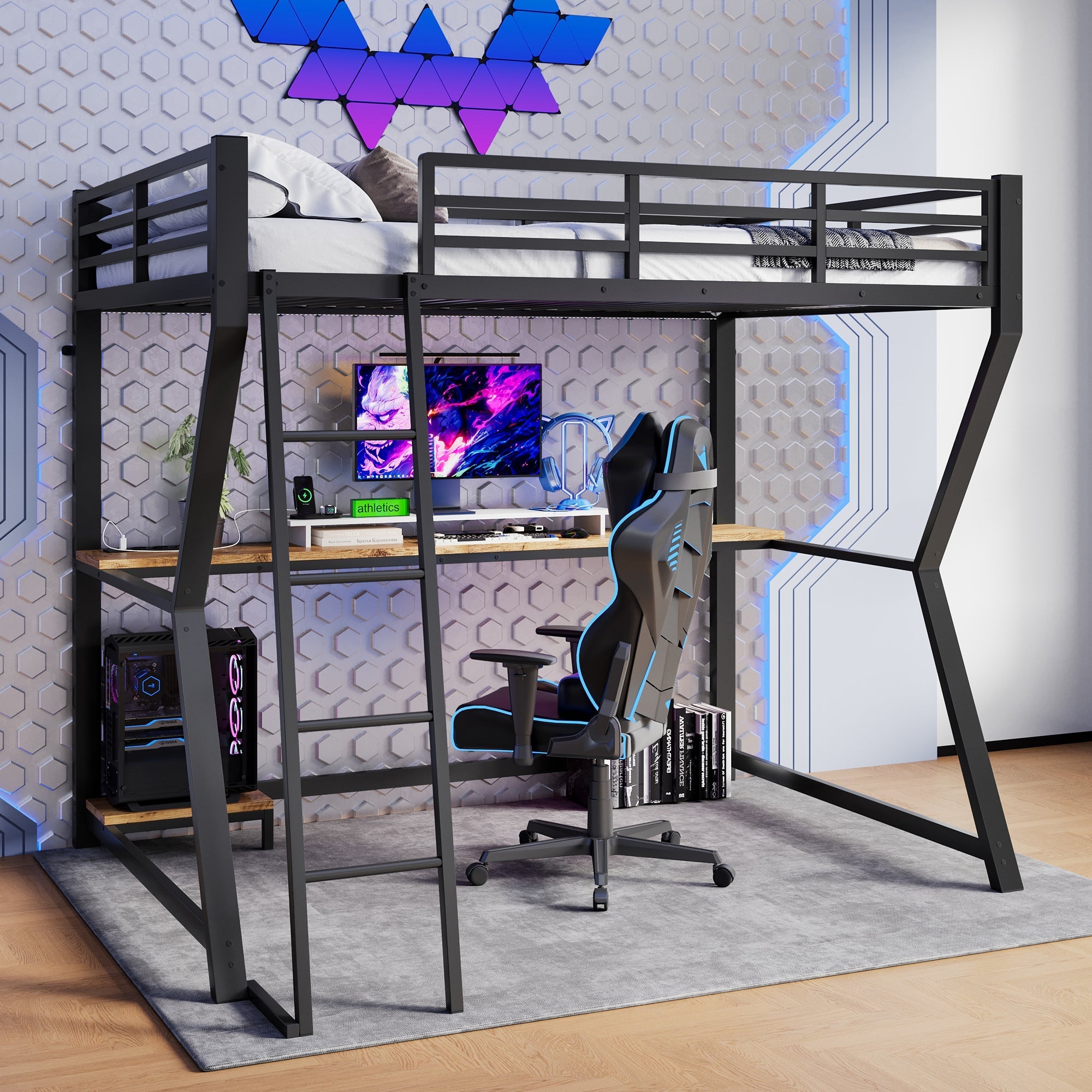 Loft Bed 90x200cm with Desk Storage Stairs LED Lights & USB Port Black