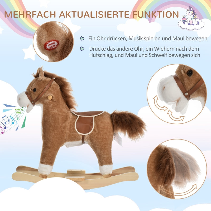 Children's Rocking Horse with Animal Sounds and Handles for 36-72 Months, Brown Plush