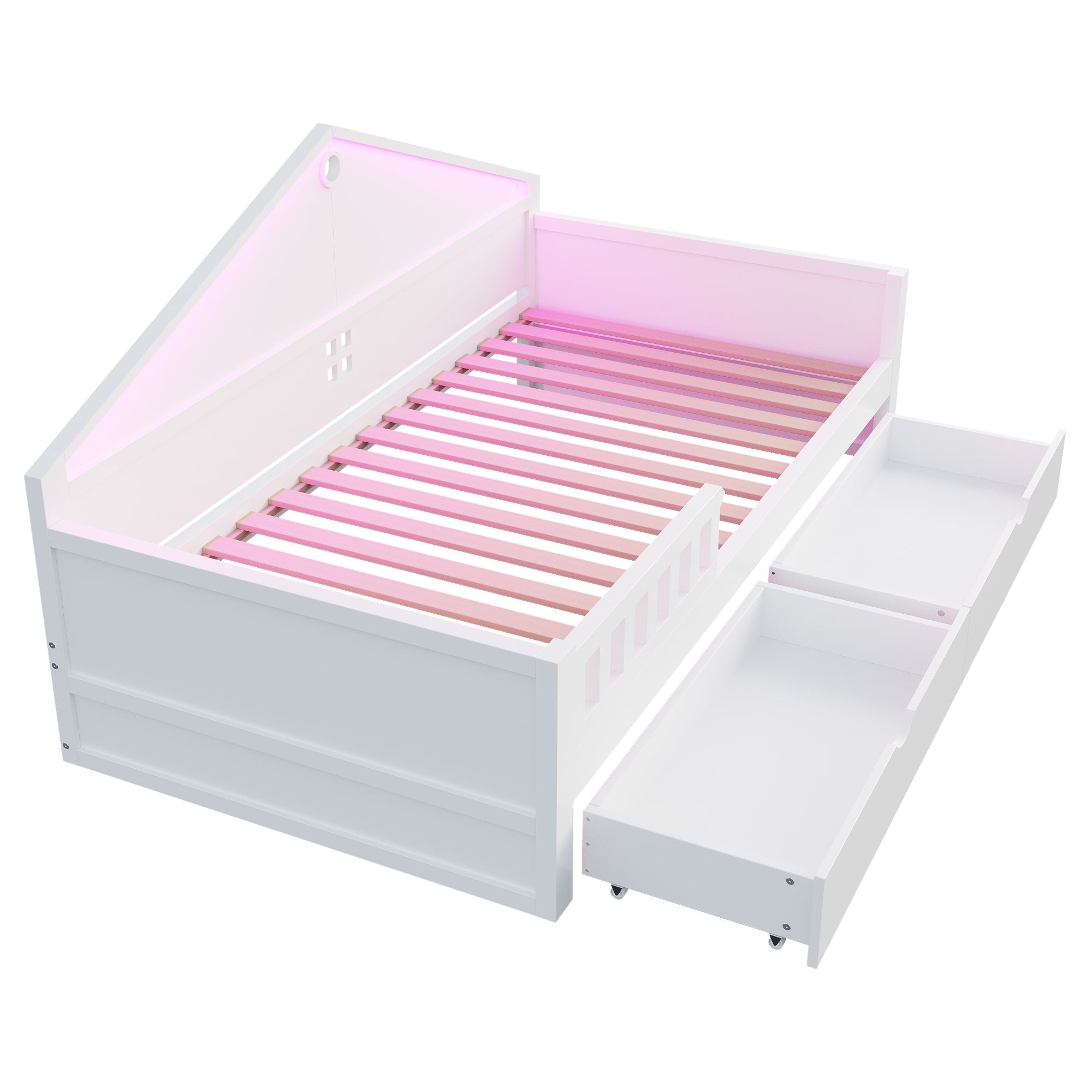 Children's Bed 90x200 cm with LED Light Strip and Storage Drawers, White