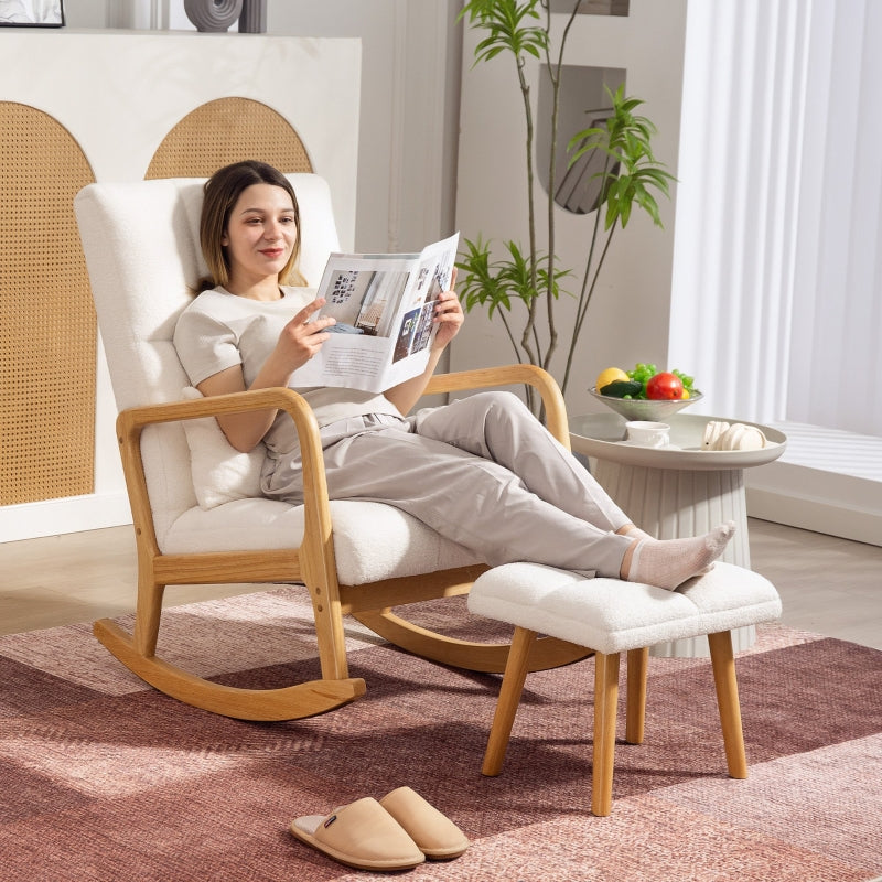 Rocking Chair with Stool, Fleece Cover, Wooden Skids, White