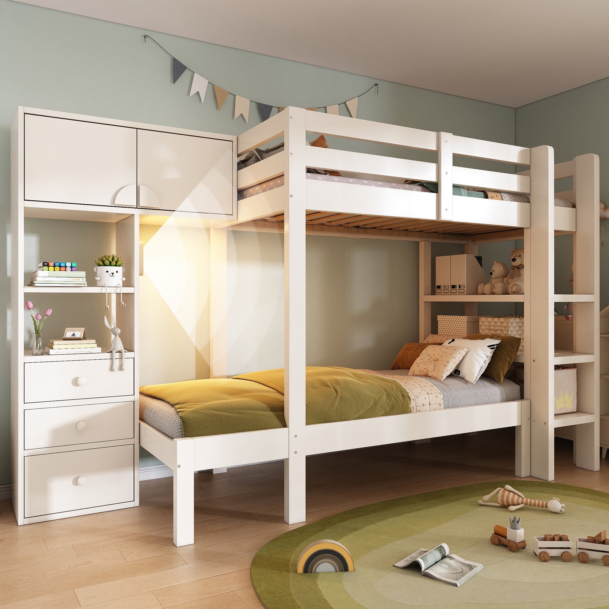 Bunk Bed 90x200cm Staggered Design Smart Night Light Wardrobe Storage, White