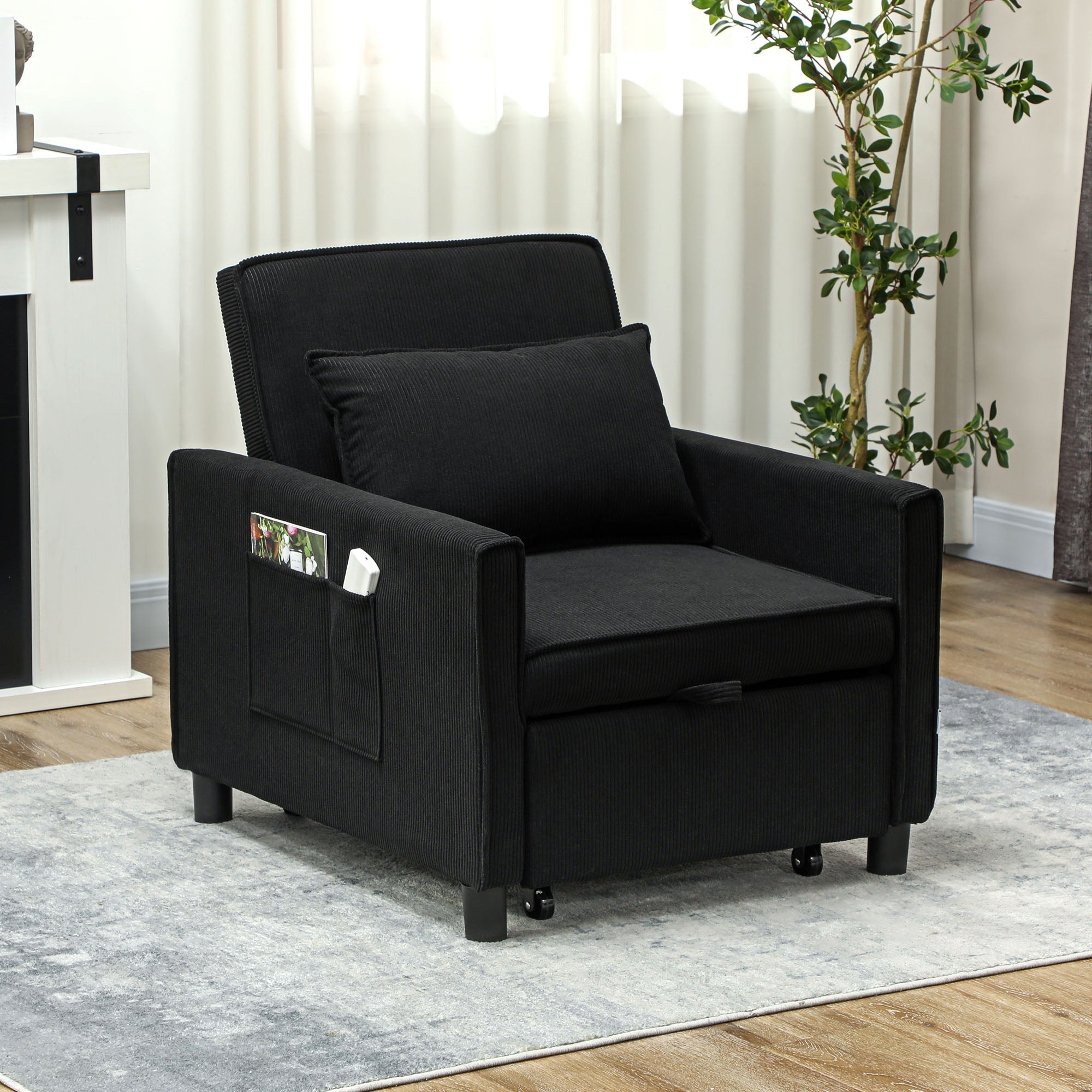 3-in-1 Sleeper Chair Folding Bed Recliner Adjustable Support Corduroy Black