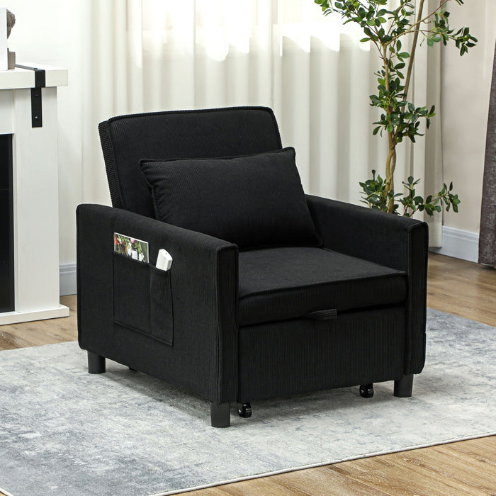 3-in-1 Sleeper Chair Folding Bed Recliner Adjustable Support Corduroy Black