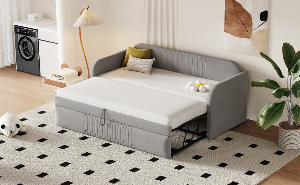 Upholstered Bed, Pull-Out Sofa Bed with Slatted Frame, Multifunctional, Light Grey Linen