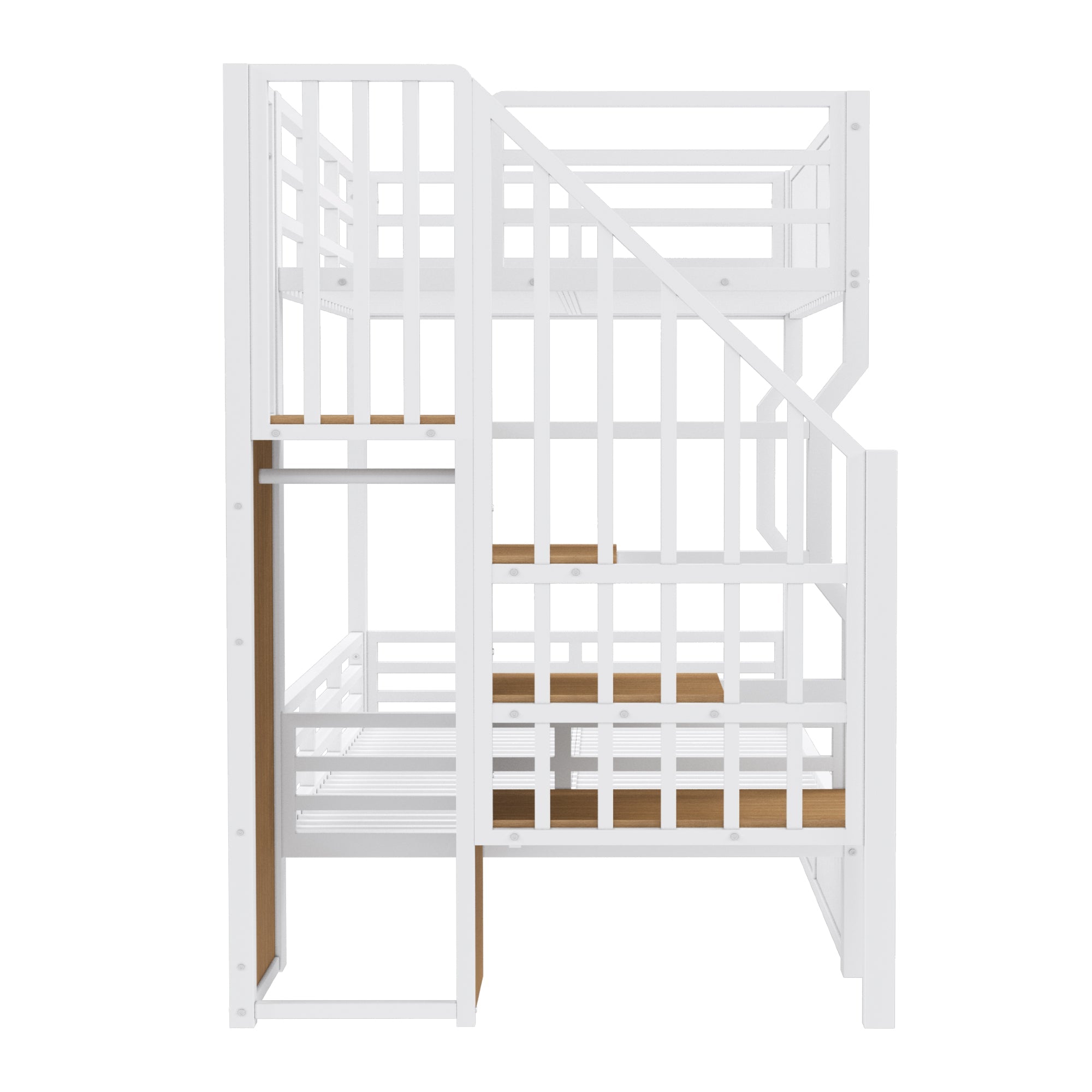 Iron Bunk Bed with Cabinet-Style Storage Stairs and LED Lighting, 90x200cm, White