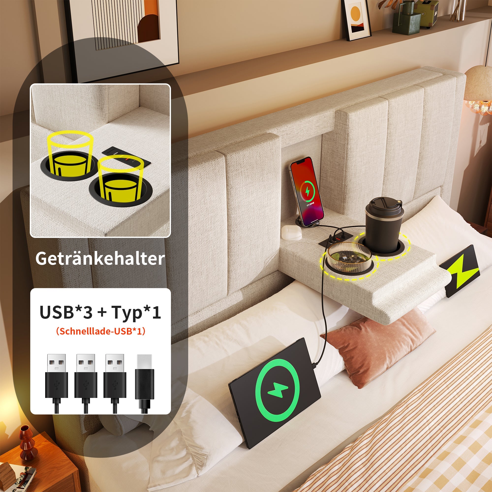 Upholstered Bed 180x200cm Double Bed, Storage, Hidden Cup Holder & Charging Station, Beige Linen