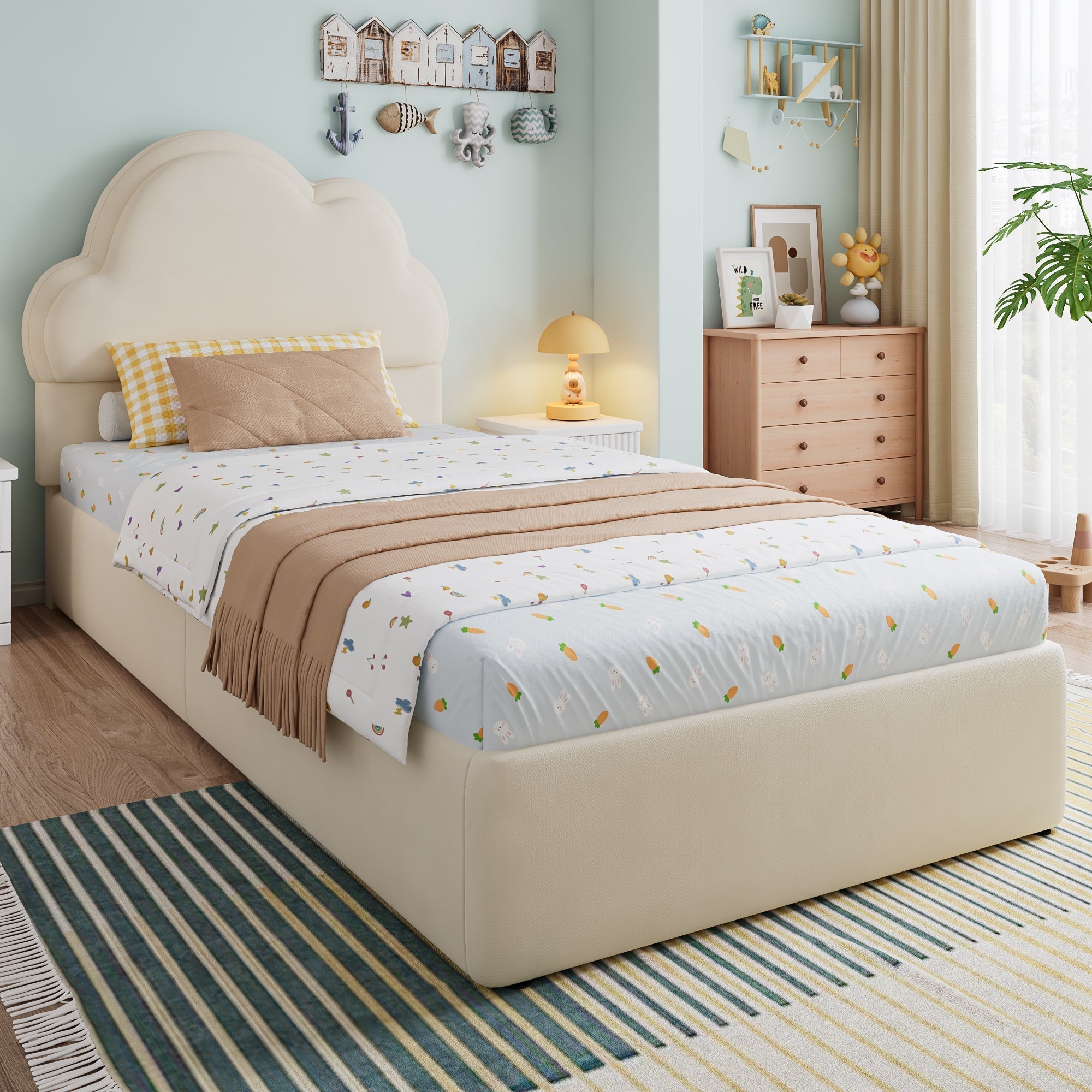 Upholstered Bed, 3ft Single Hydraulic Storage with Cloud Backrest, Beige Velvet