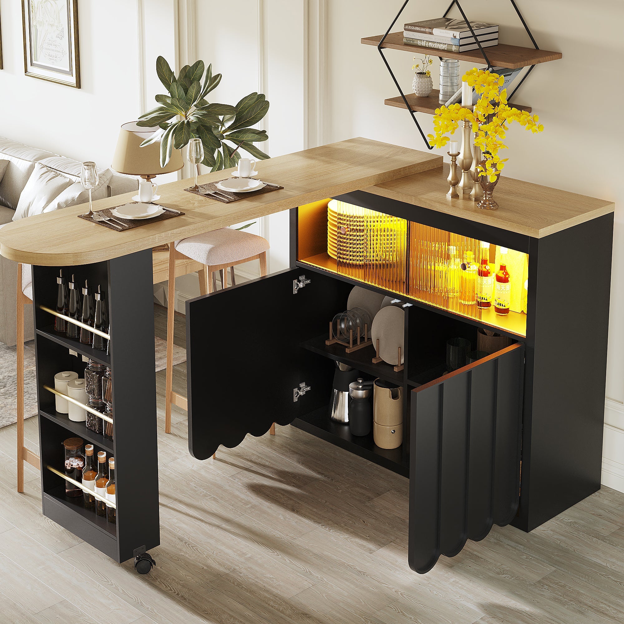 Extendable Bar Table with Storage, Movable, Telescopic LED, Black