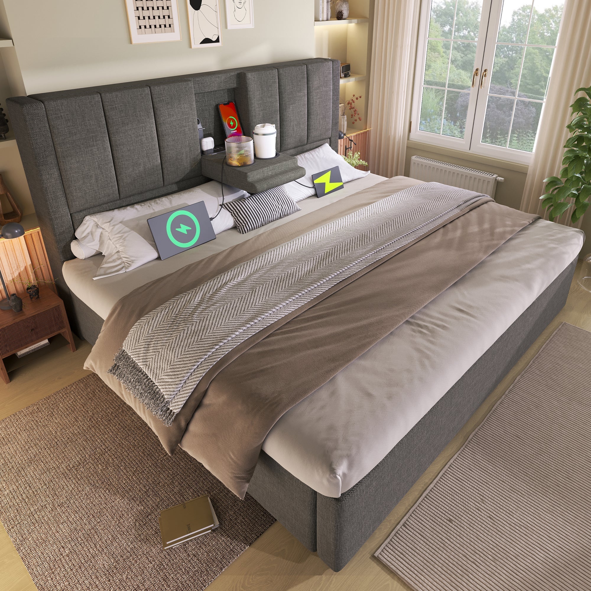 Upholstered Bed 160x200cm Hydraulic Storage Hidden Cup Holder Charging Station Linen Grey