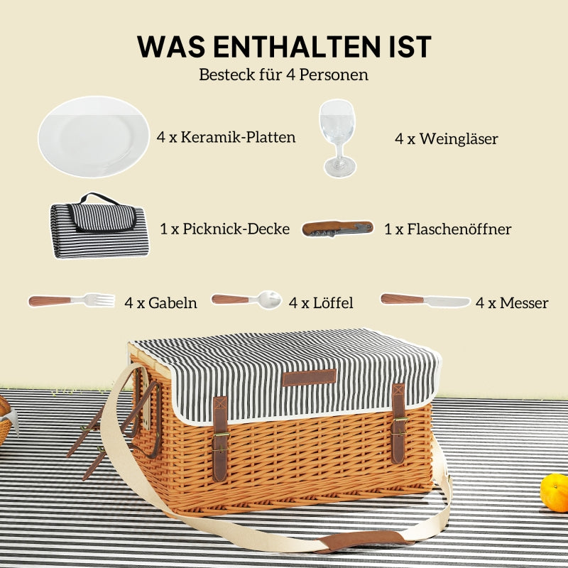 Picknickkorb für 4 Personen mit Decke & Besteckset, Weide Hellbraun