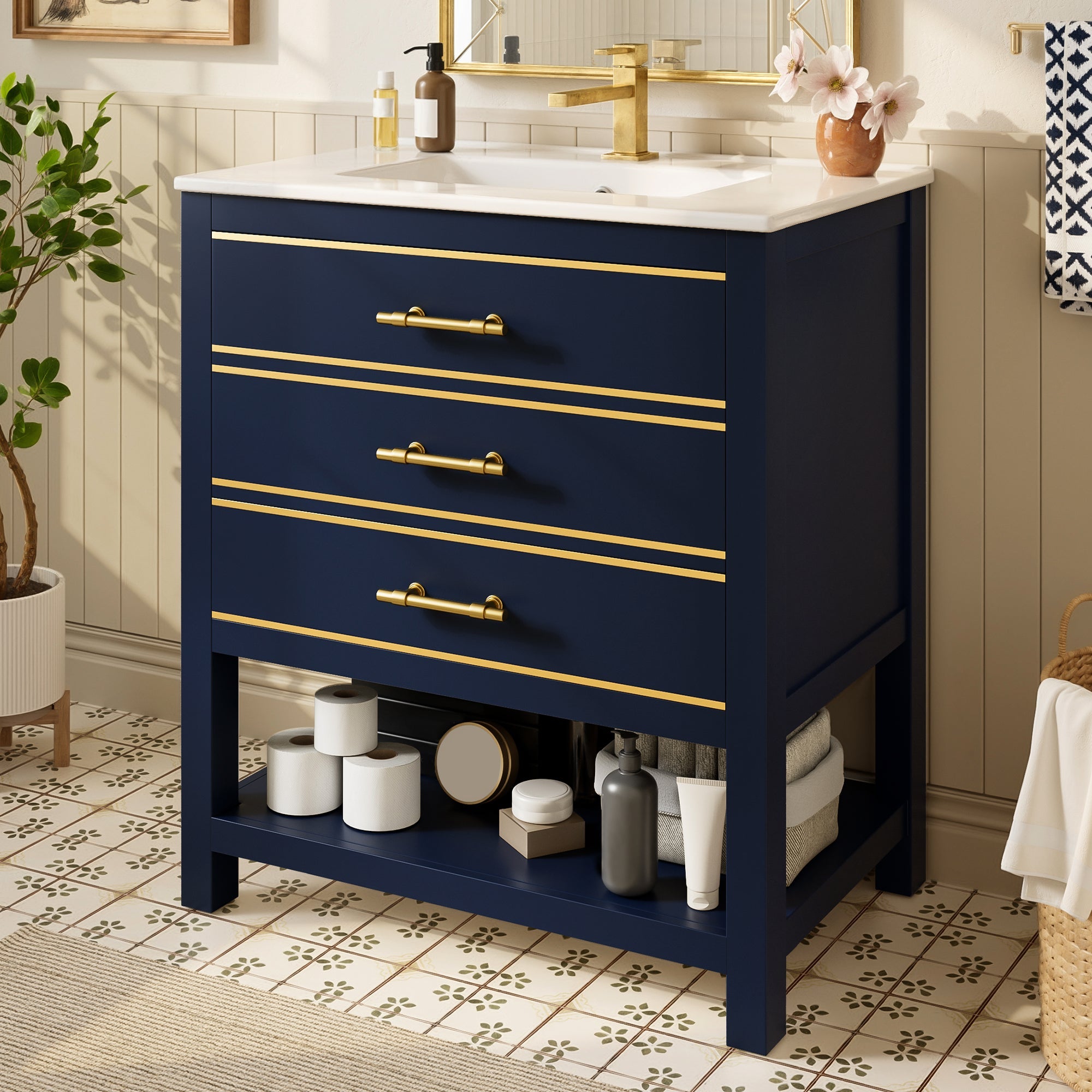 Bathroom Vanity Unit with Ceramic Sink and 2 Drawers, White and Gold