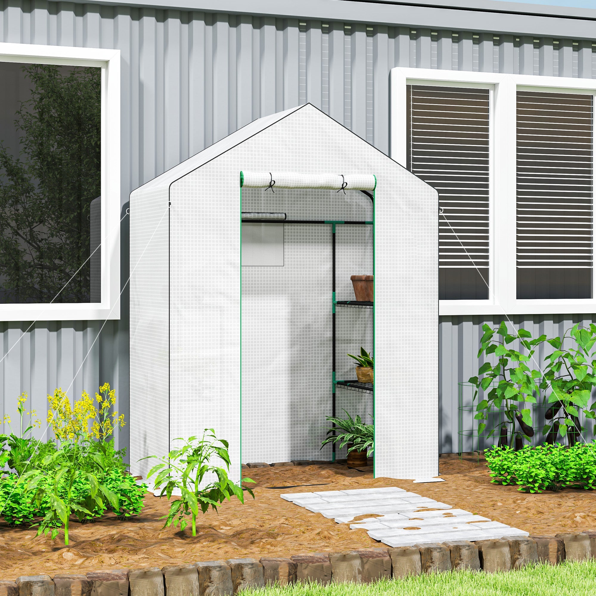 Greenhouse, Roll-Up Door, Window, Shelves, 143x74x190cm, White