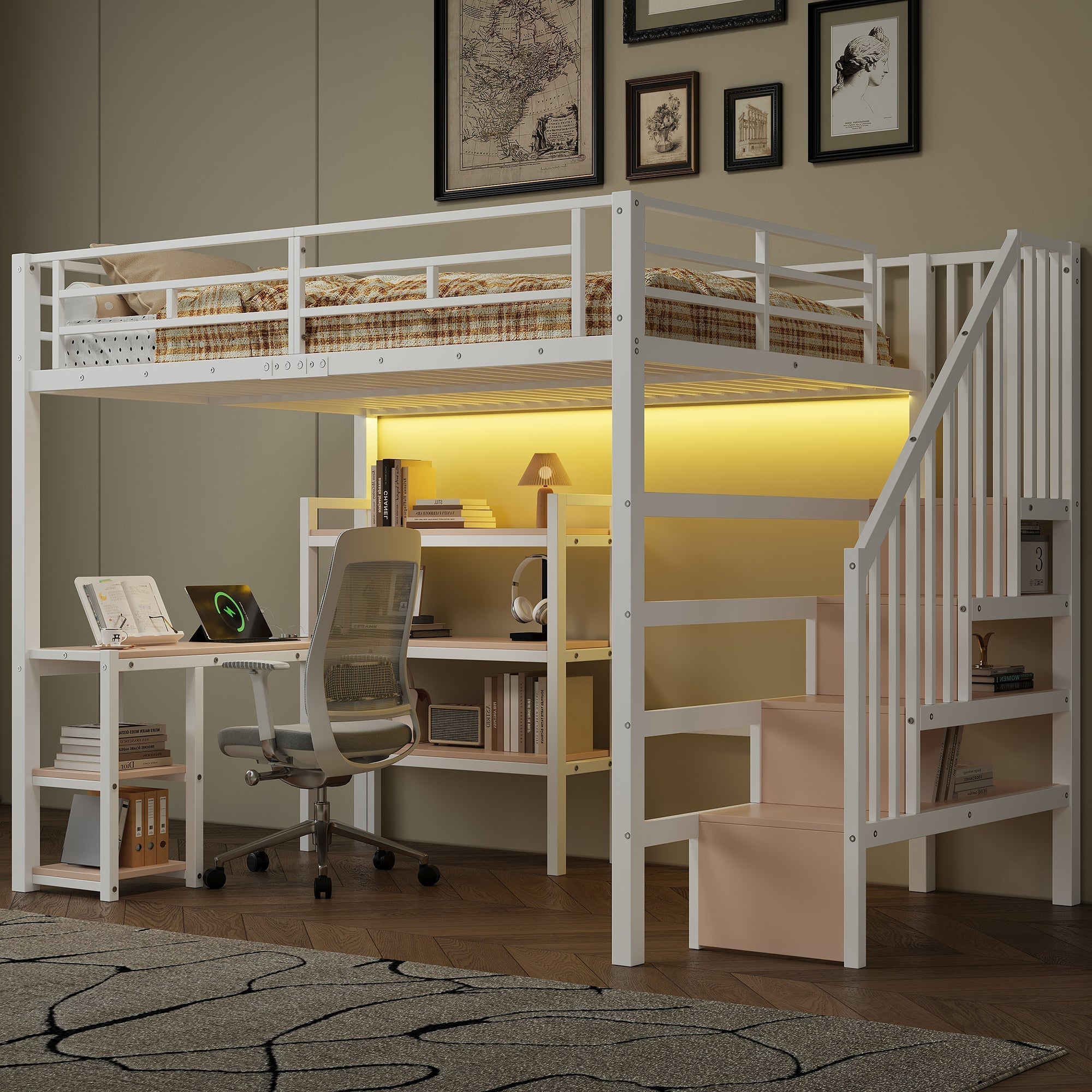 Metal Loft Bed with Stairs, Desk, Storage, USB and LED, 140x200cm, White