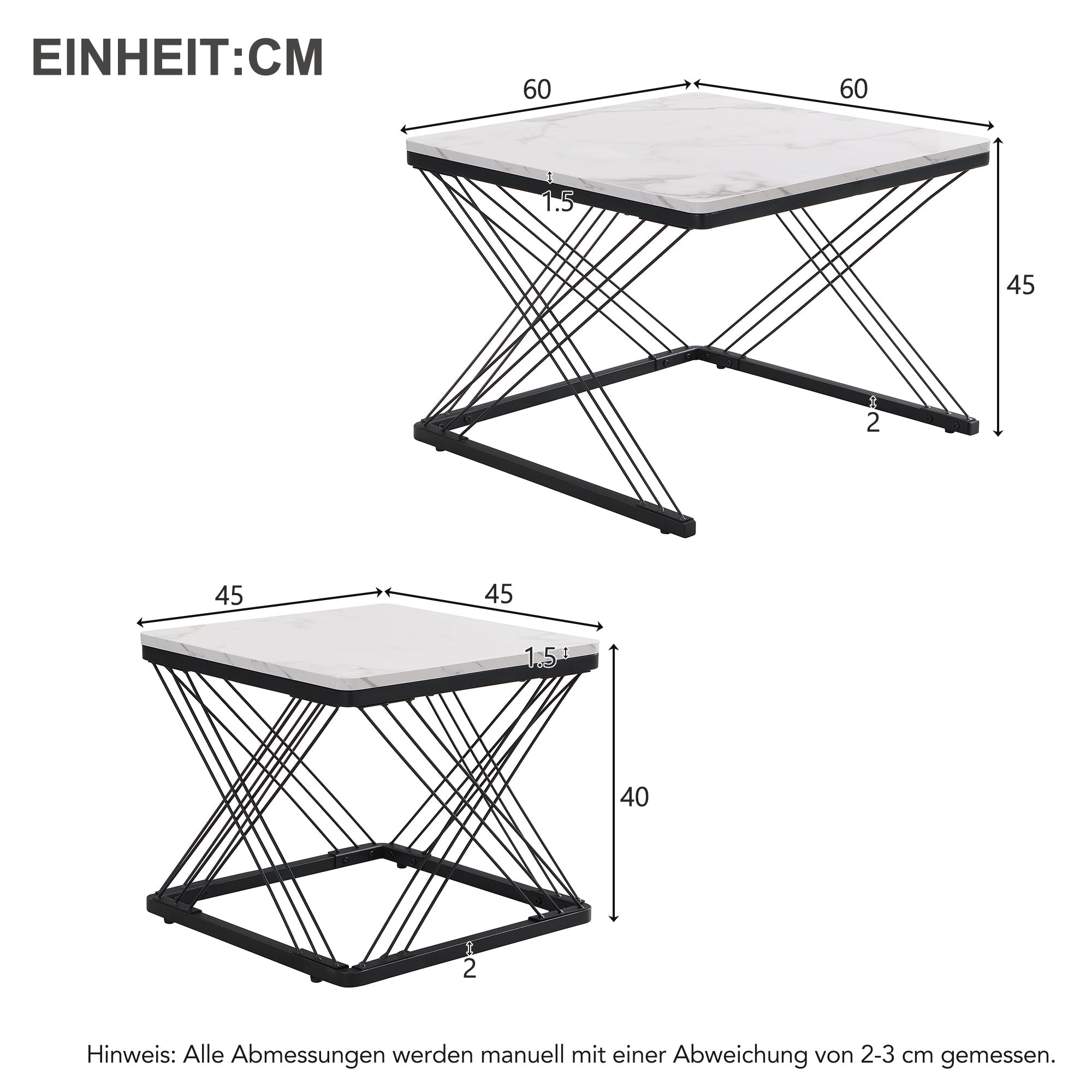 Coffee Table Set 2-Piece Square High-Gloss Marble Look