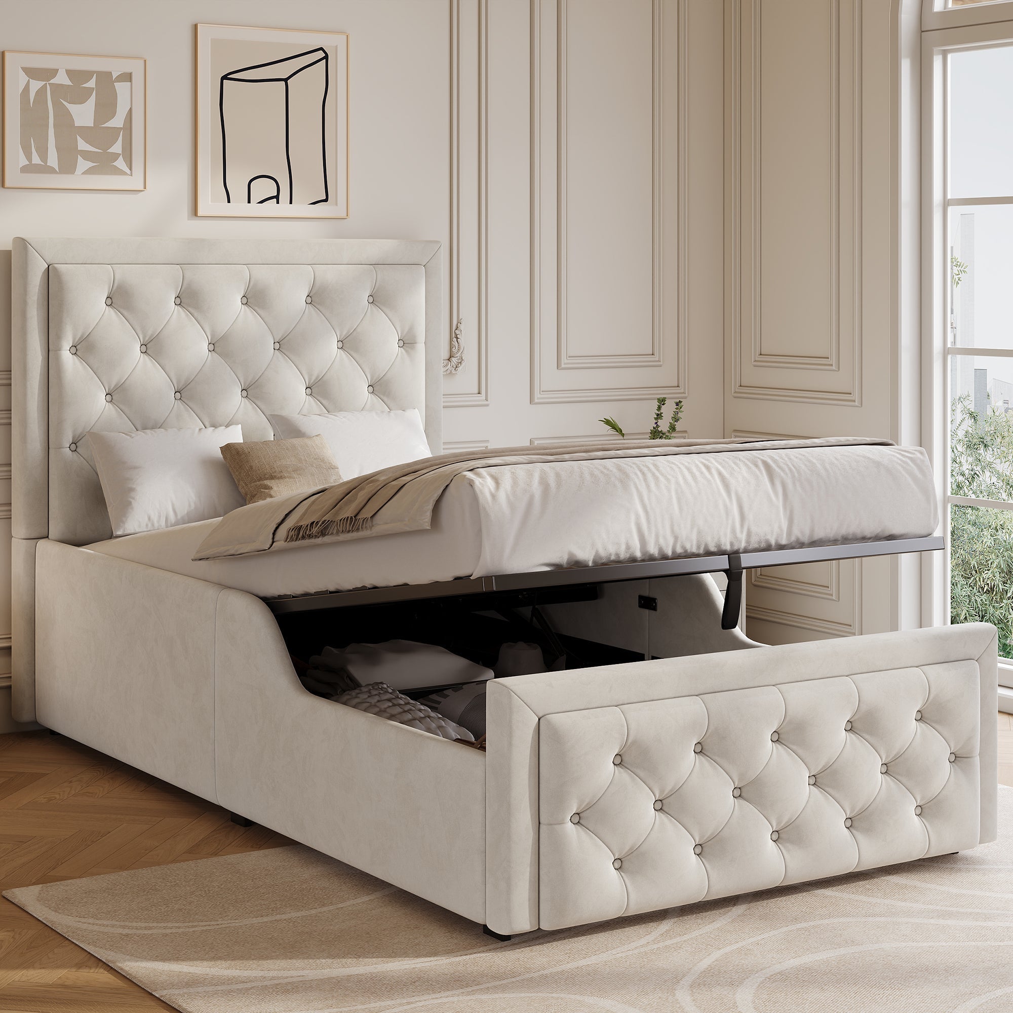 Upholstered Single Bed with Hydraulic Storage and Slatted Base, 90x200cm, Beige Velvet