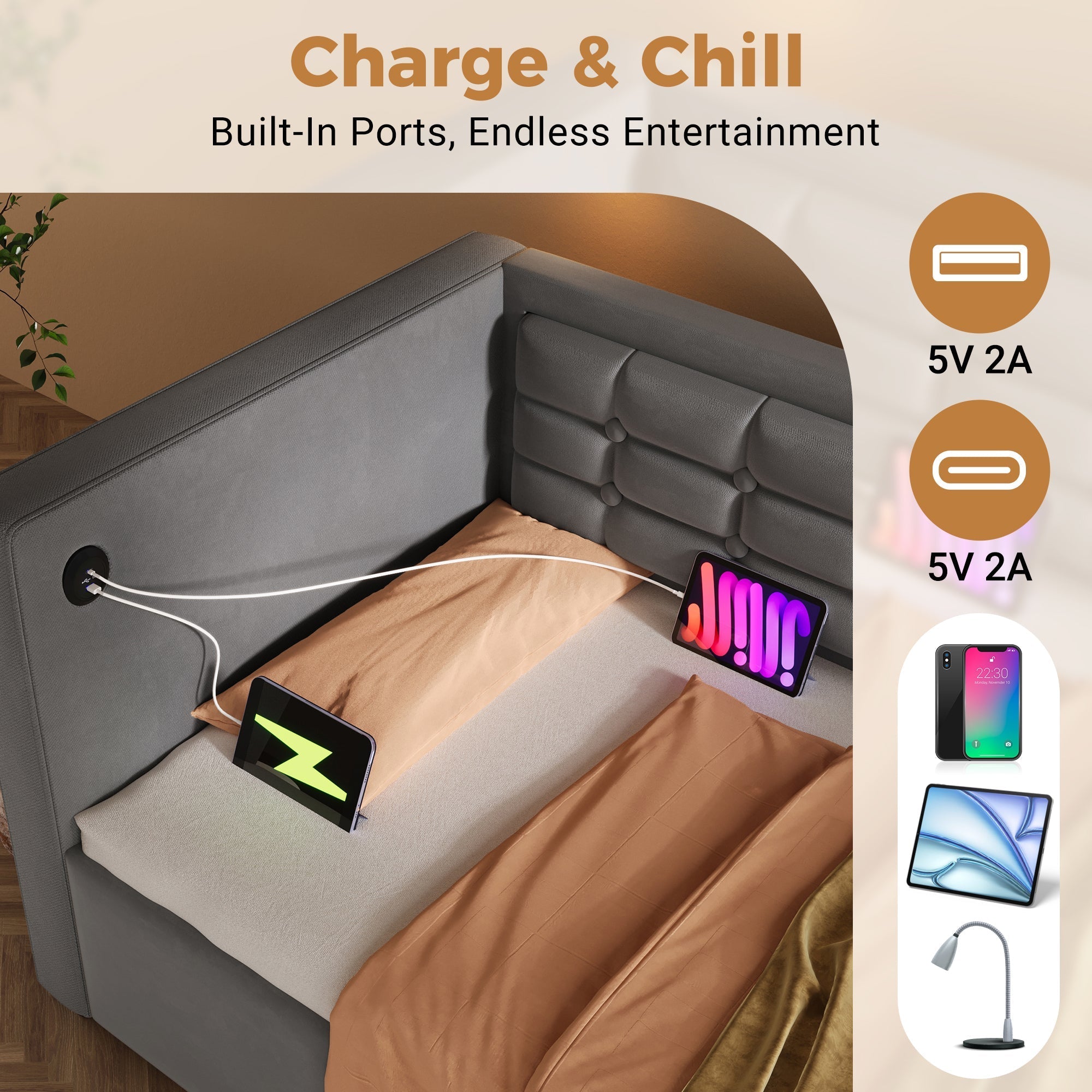 Daybed Upholstered Bed 90 x 190 cm 3FT Single Sofa Bed with Charging Station, Hydraulic Storage, Velvet Grey (No Mattress)
