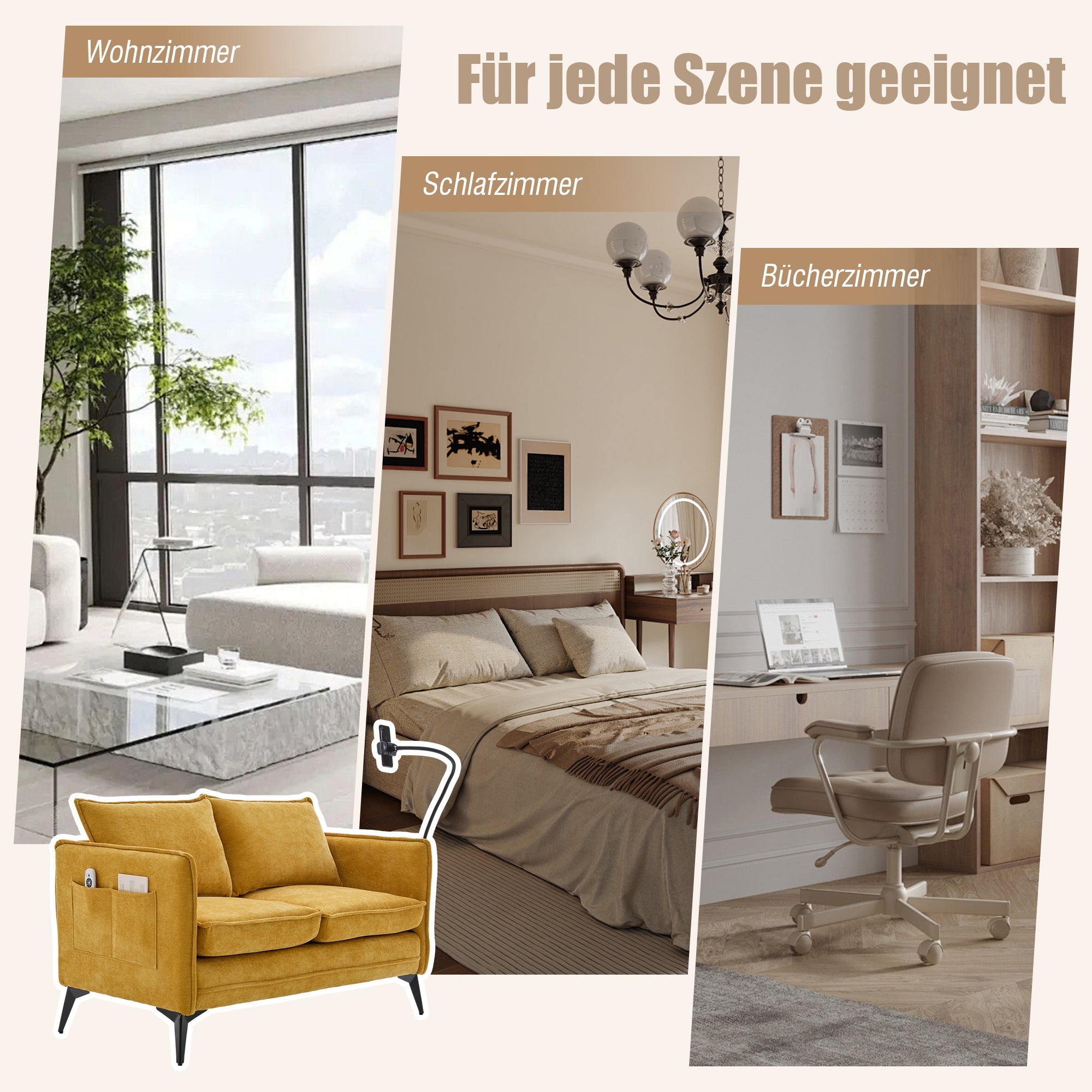 Modern Double Sofa with Storage Side Pocket and Adjustable Phone Holder, Fabric