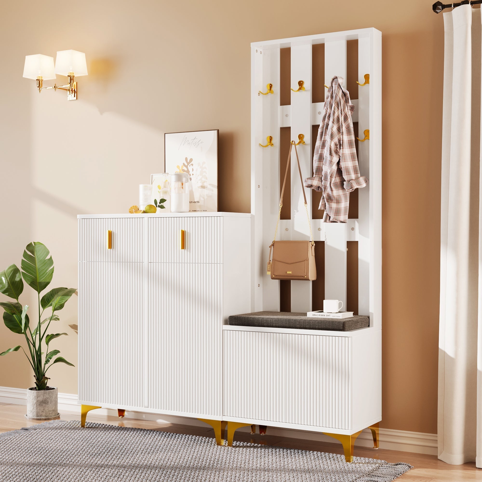 Wardrobe Set with Shoe Bench, Hooks, Drawers & Doors