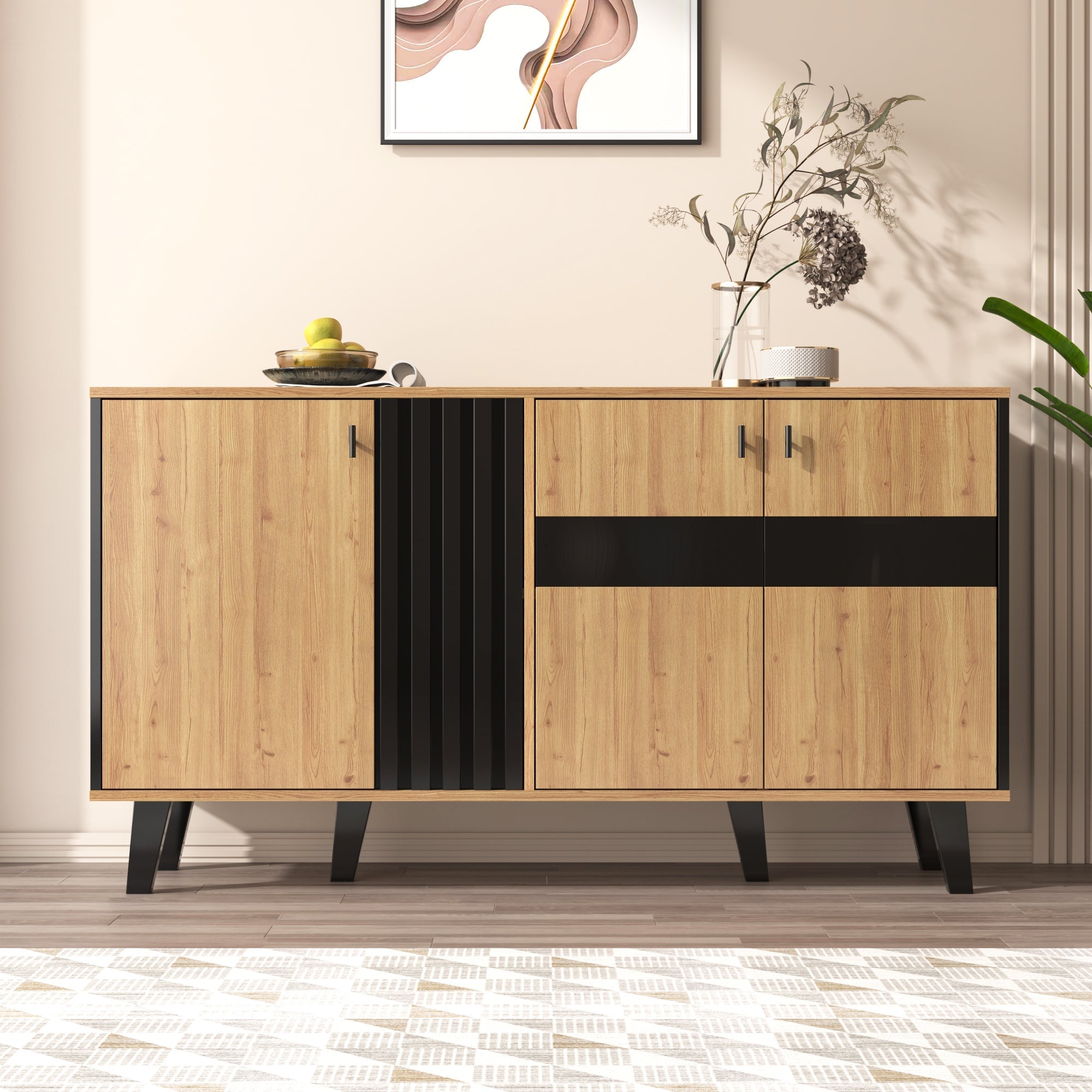 Sideboard, 140x78.5x41 cm, LED Lighting & Glass, Wood and Black