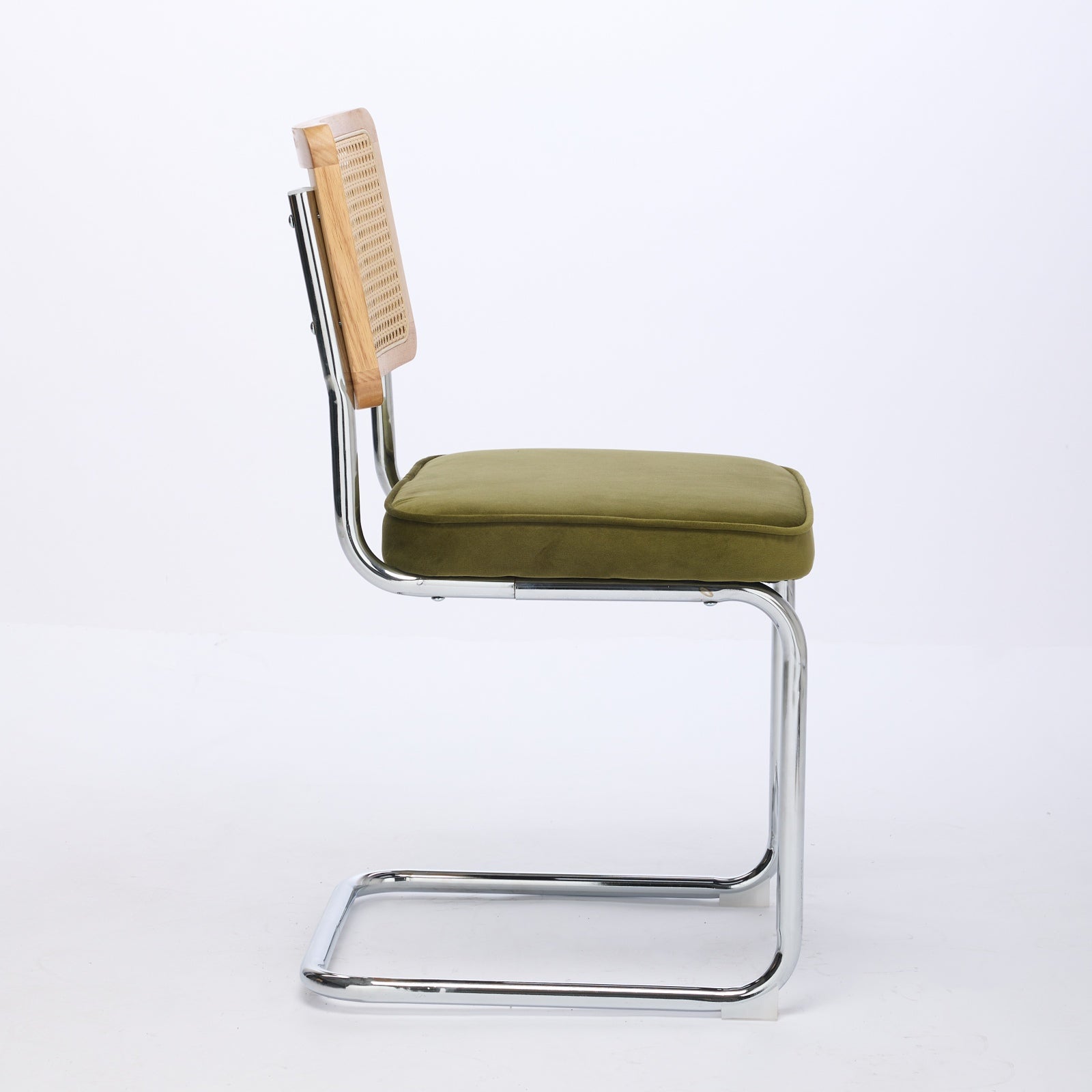 Dining Chairs Set of 2 Mid Century Modern Velvet Cane Back Chrome Base - Olive Green