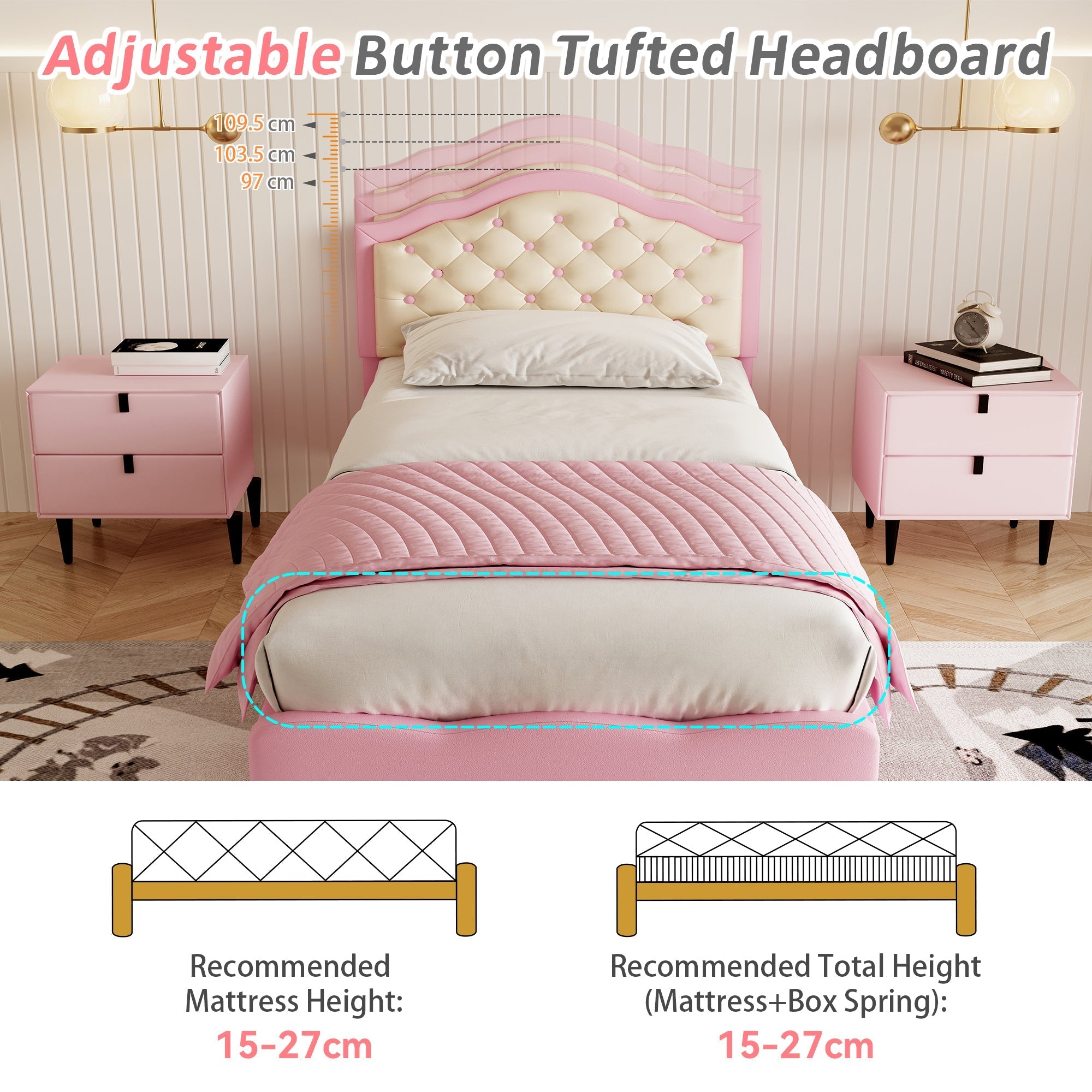3ft Single Upholstered Bed Frame with Adjustable Chic Button-Tufted Headboard, Pink+Beige