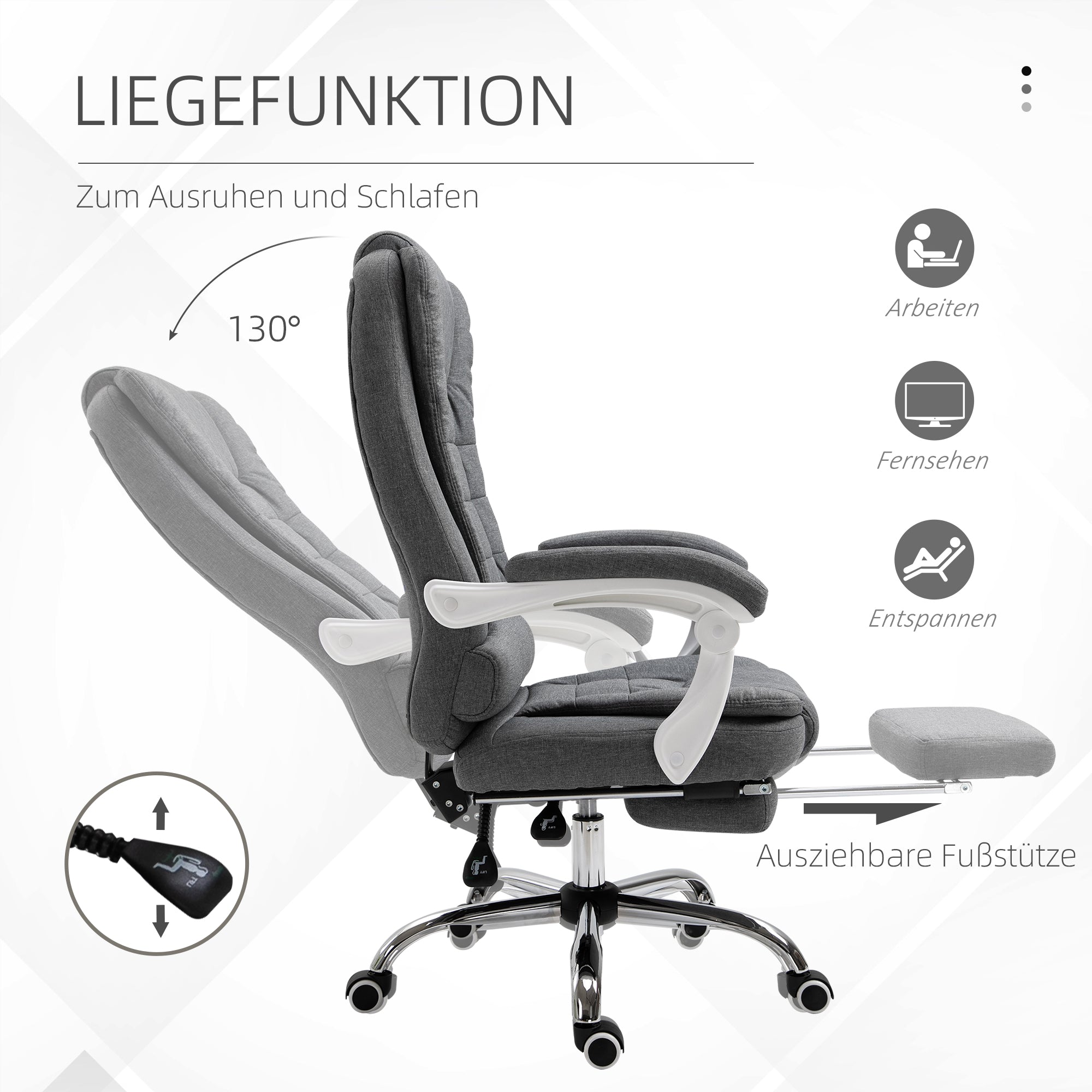 Vinsetto Office Chair Ergonomic Desk Chair, Foldable Footrest, Grey Metal