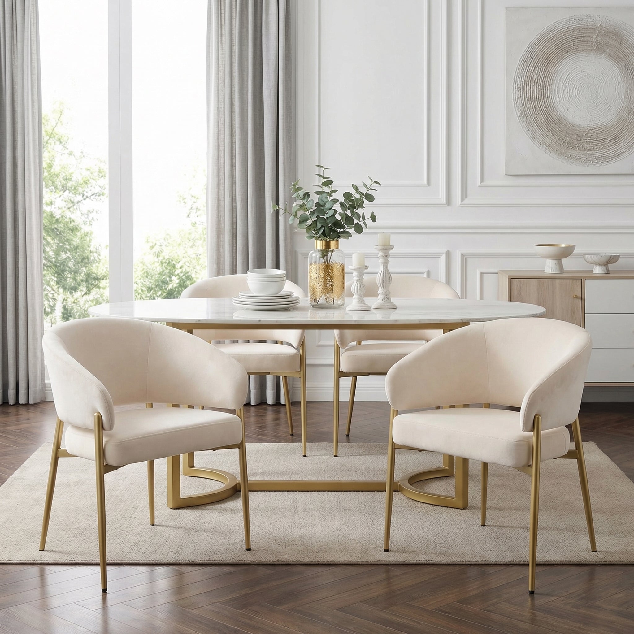 Set of 6 Dining Chairs, Modern Breathable Seating for Living Room and Cafe, Beige Velvet and Champagne Gold