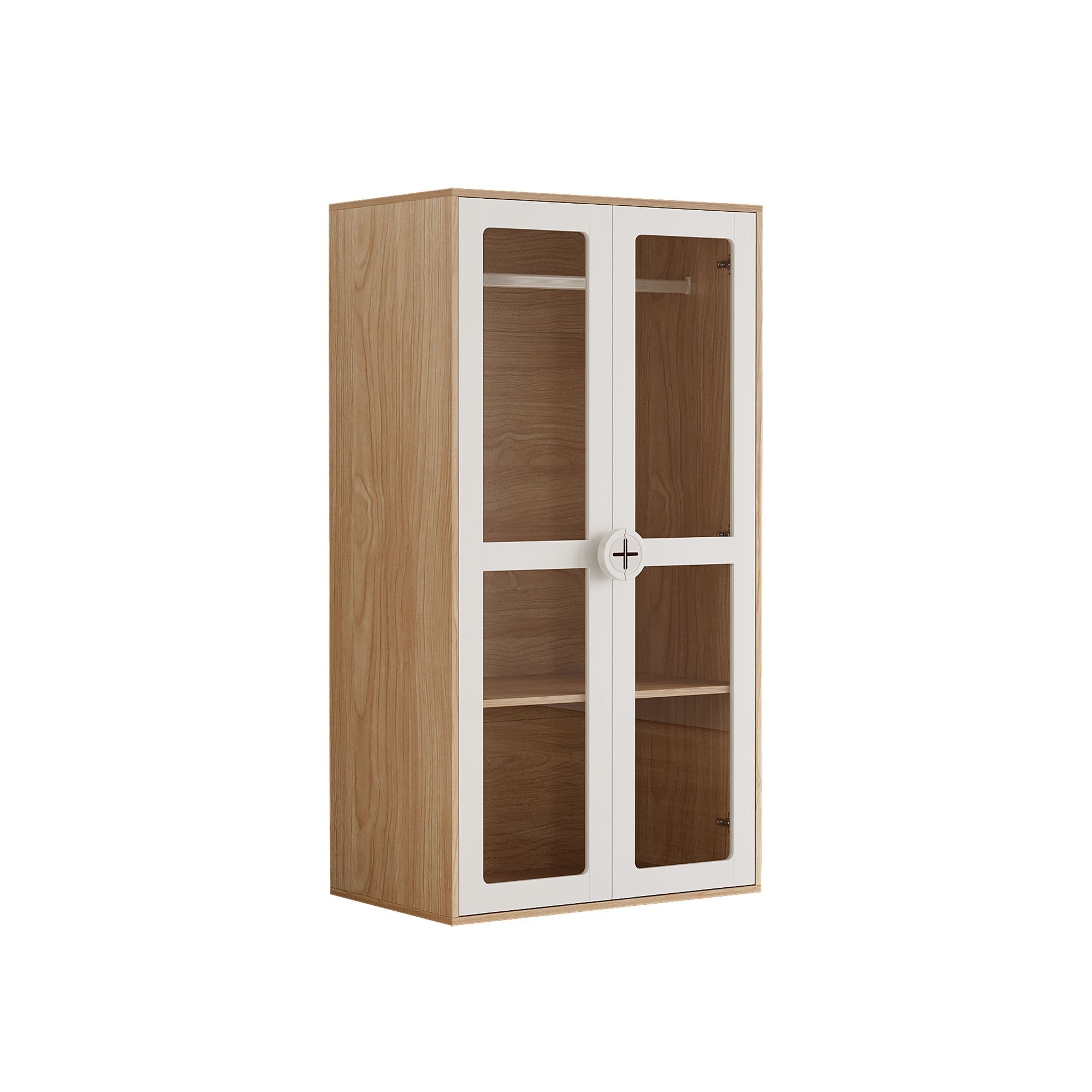 Children's Wardrobe, Double Doors Hanging Rail Sliding Shelves, White Lacquer & Natural MDF